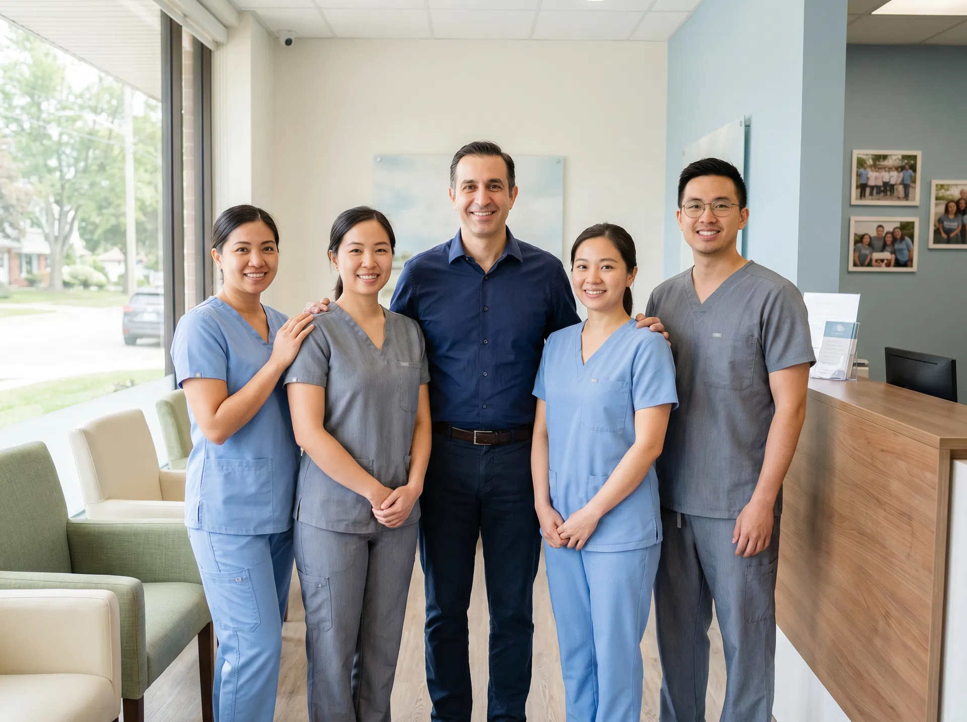 Welcoming dental team in a bright reception area