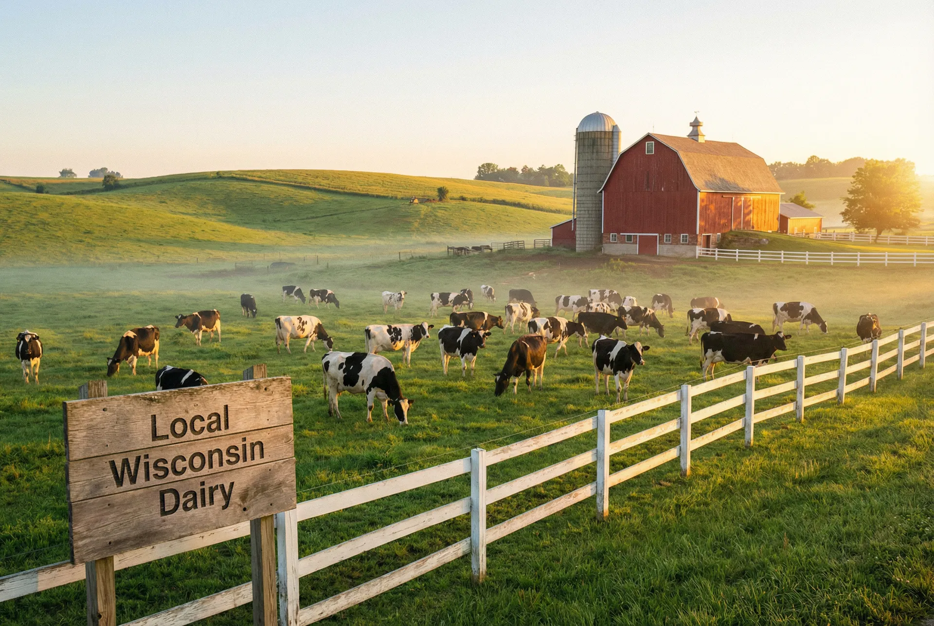 Wisconsin dairy farm with Holstein cows at sunrise
