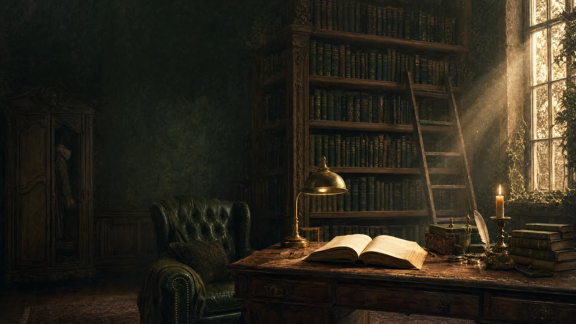 An old-world library reading nook with leather-bound books and warm candle light.
