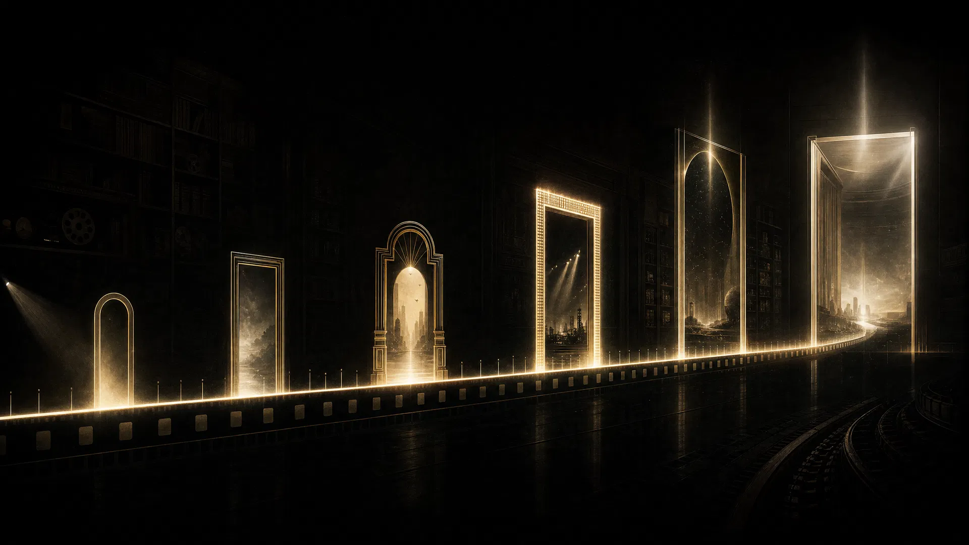 Abstract long-horizon timeline with luminous milestone gates