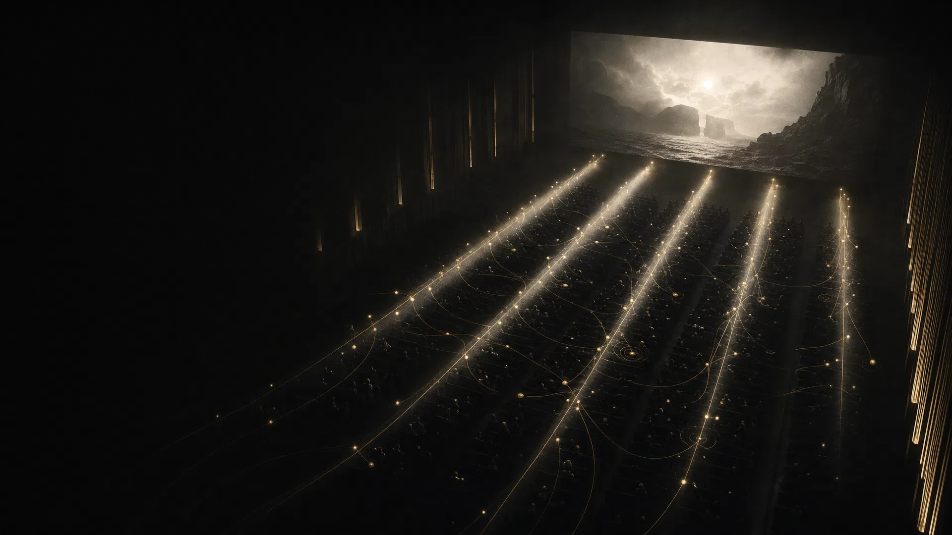 Abstract strategic cinema room representing the RIVIDIA long-range studio model