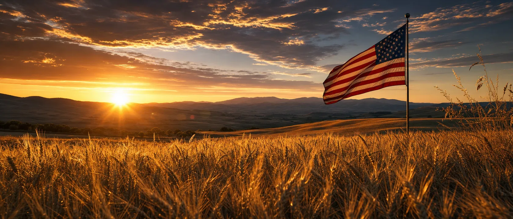 Golden wheat field with American flag at sunset