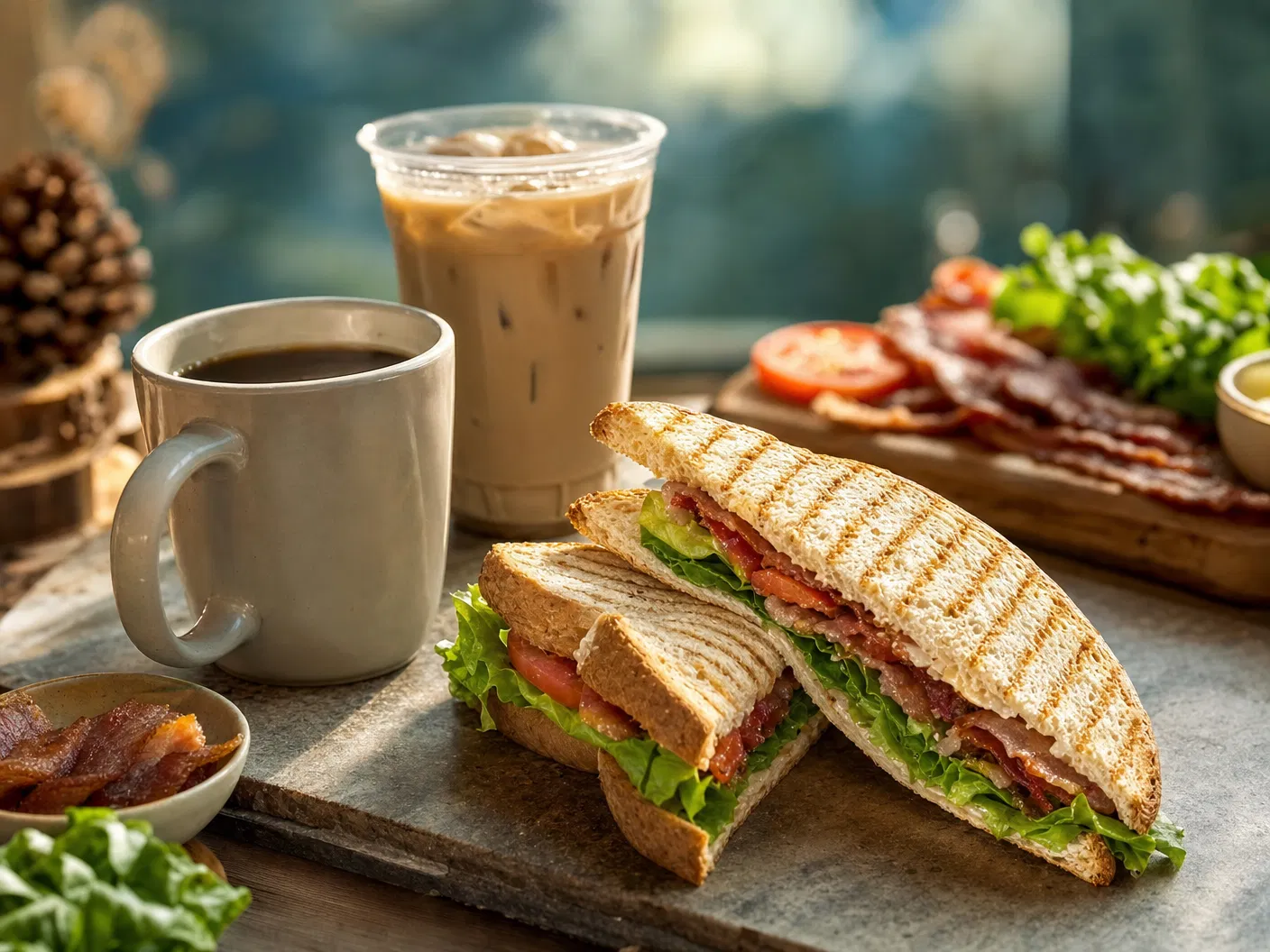 Grilled panini, iced latte, and hot coffee on a rustic counter