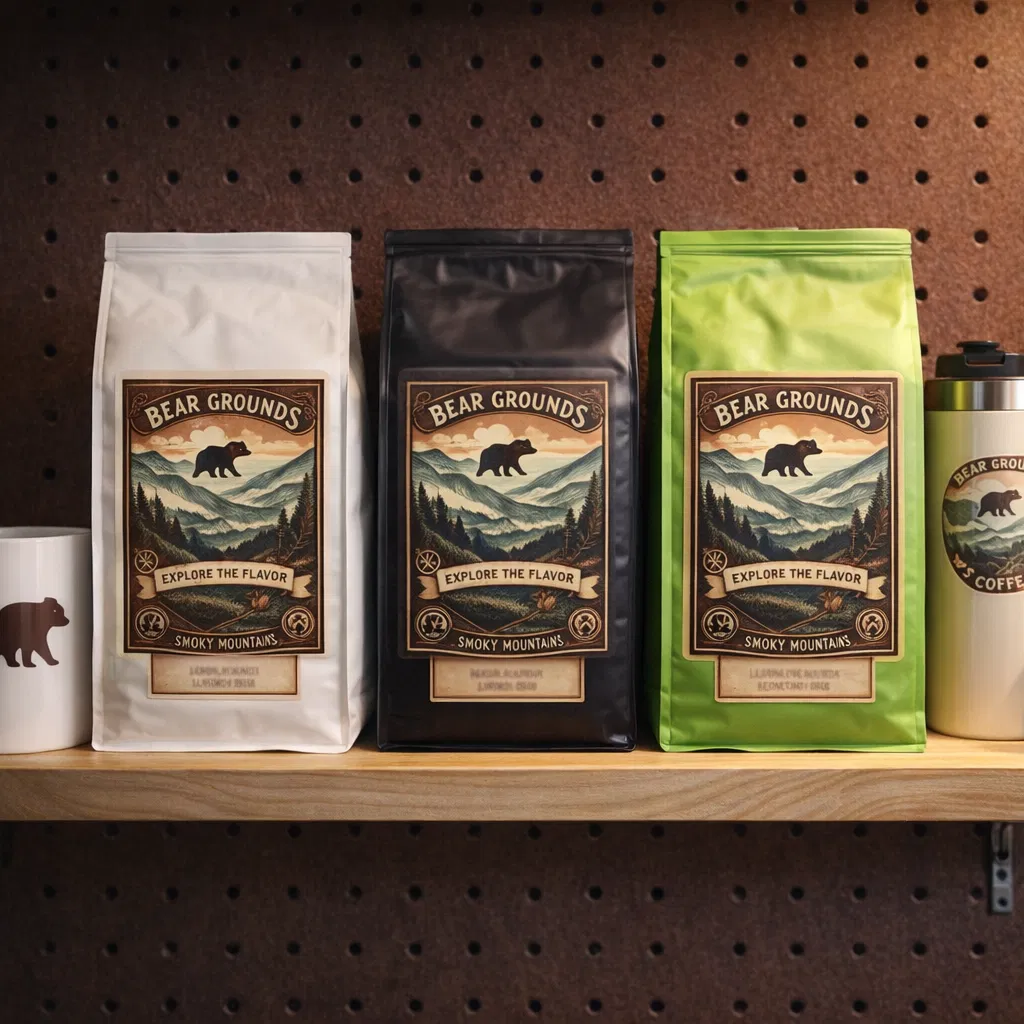 White, black, and green Bear Grounds style coffee bags on a mercantile shelf