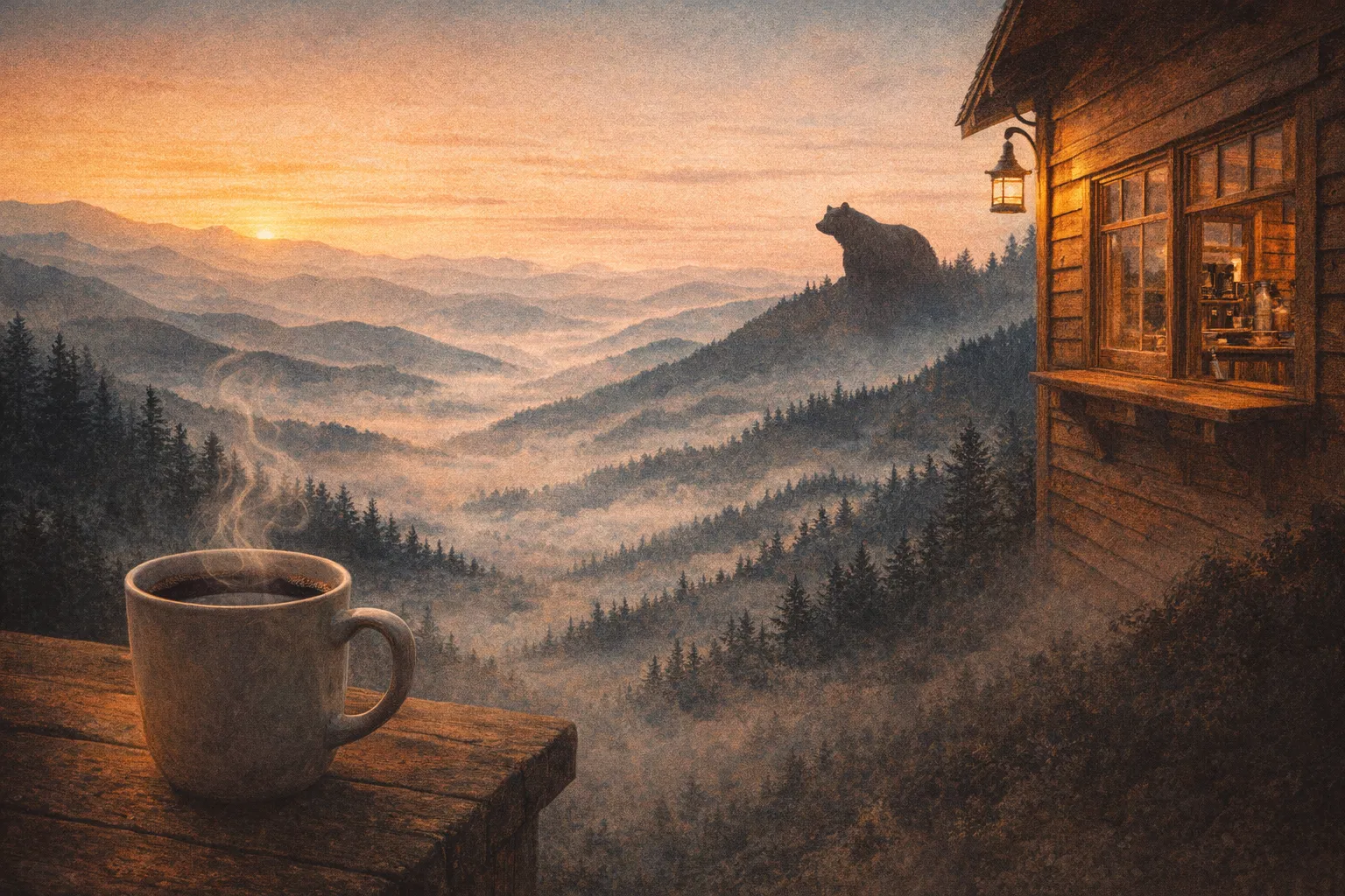 A warm Smoky Mountain sunrise with a rustic coffee cabin and steaming mug