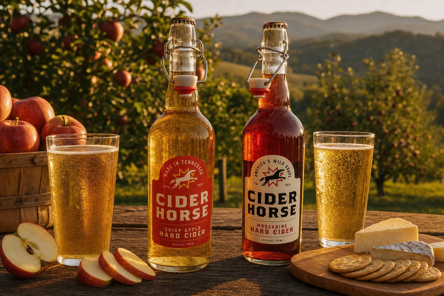 Two Cider Horse hard cider bottles on a wooden picnic table in a Tennessee orchard at golden hour with apple slices and cheese board