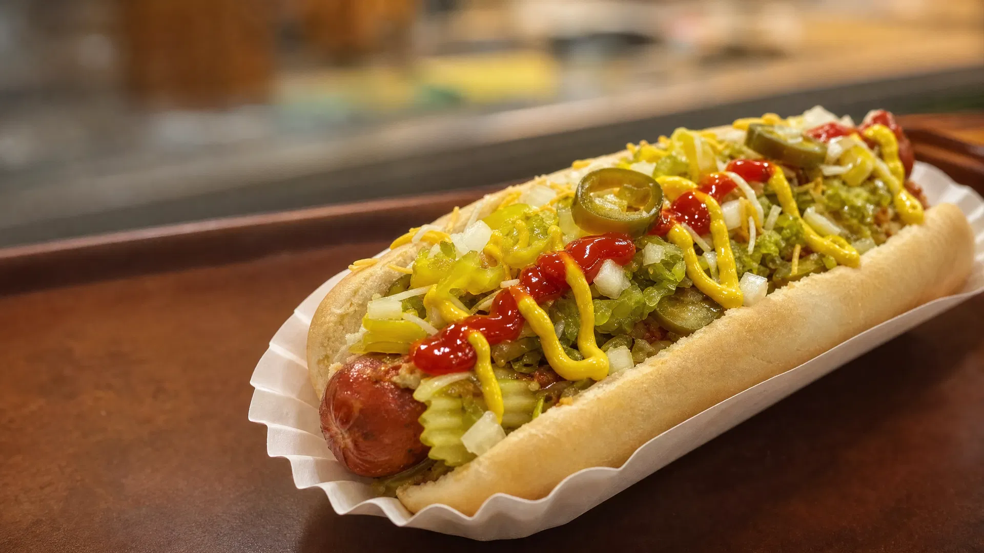 Close-up Franken Dogs hotdog with mustard, ketchup, relish, onions, pickles, banana peppers, jalapeños, and cheese