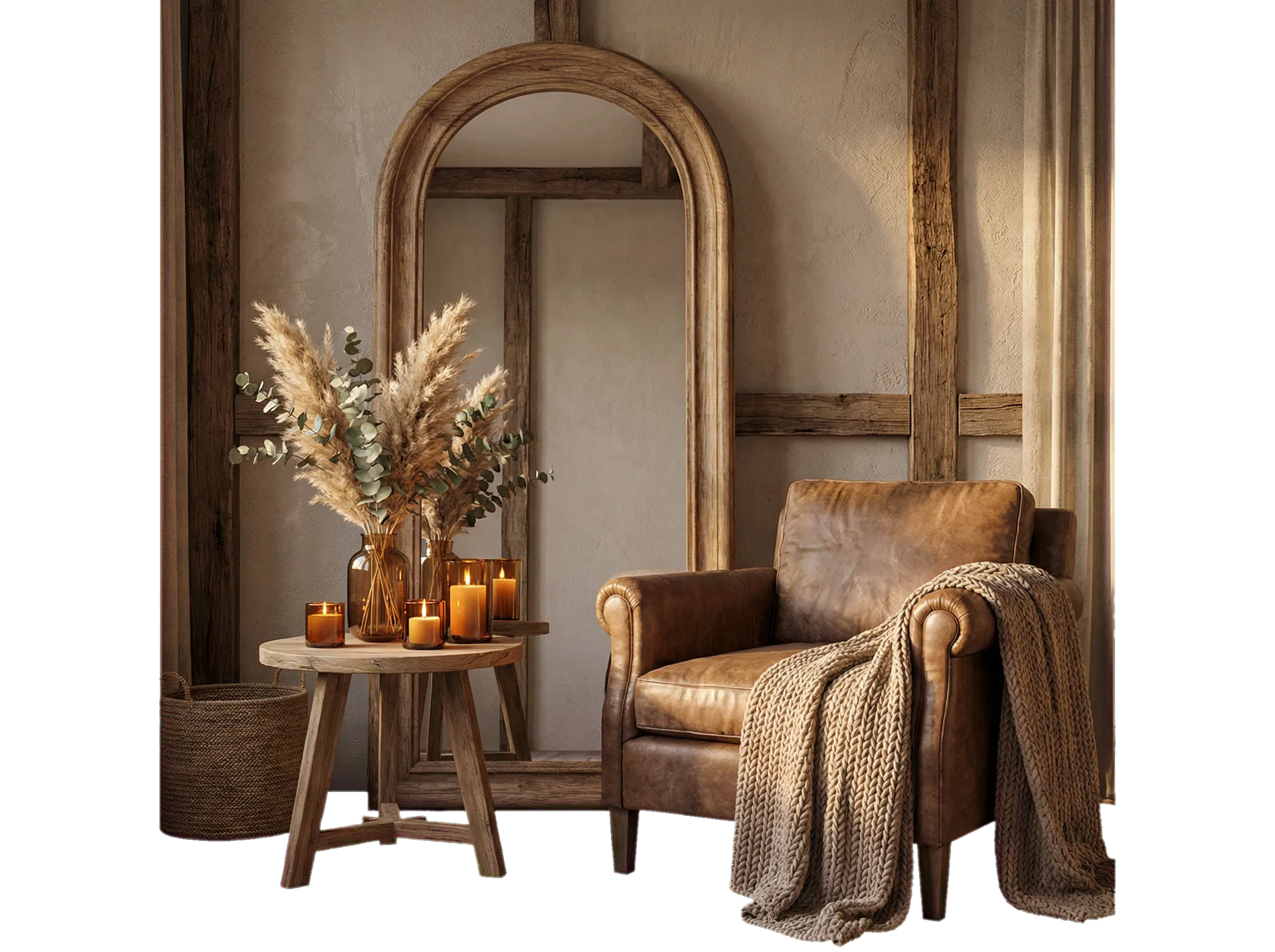 Warm salon corner with candlelight, chair, and rustic textures