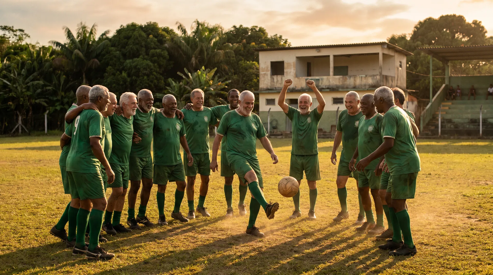 Senhores do Masters do Guaraú EC jogando futebol no campo