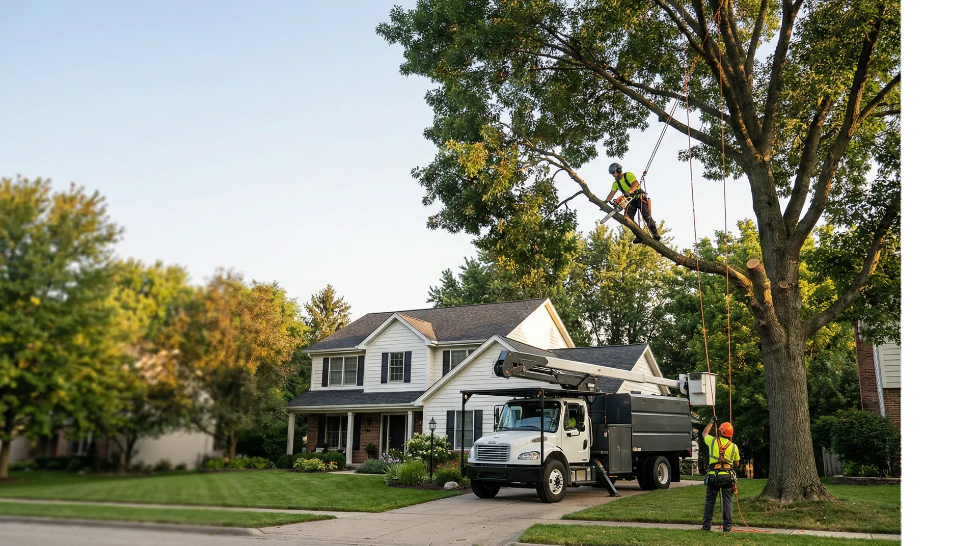 Professional tree crew removing a tree beside a home