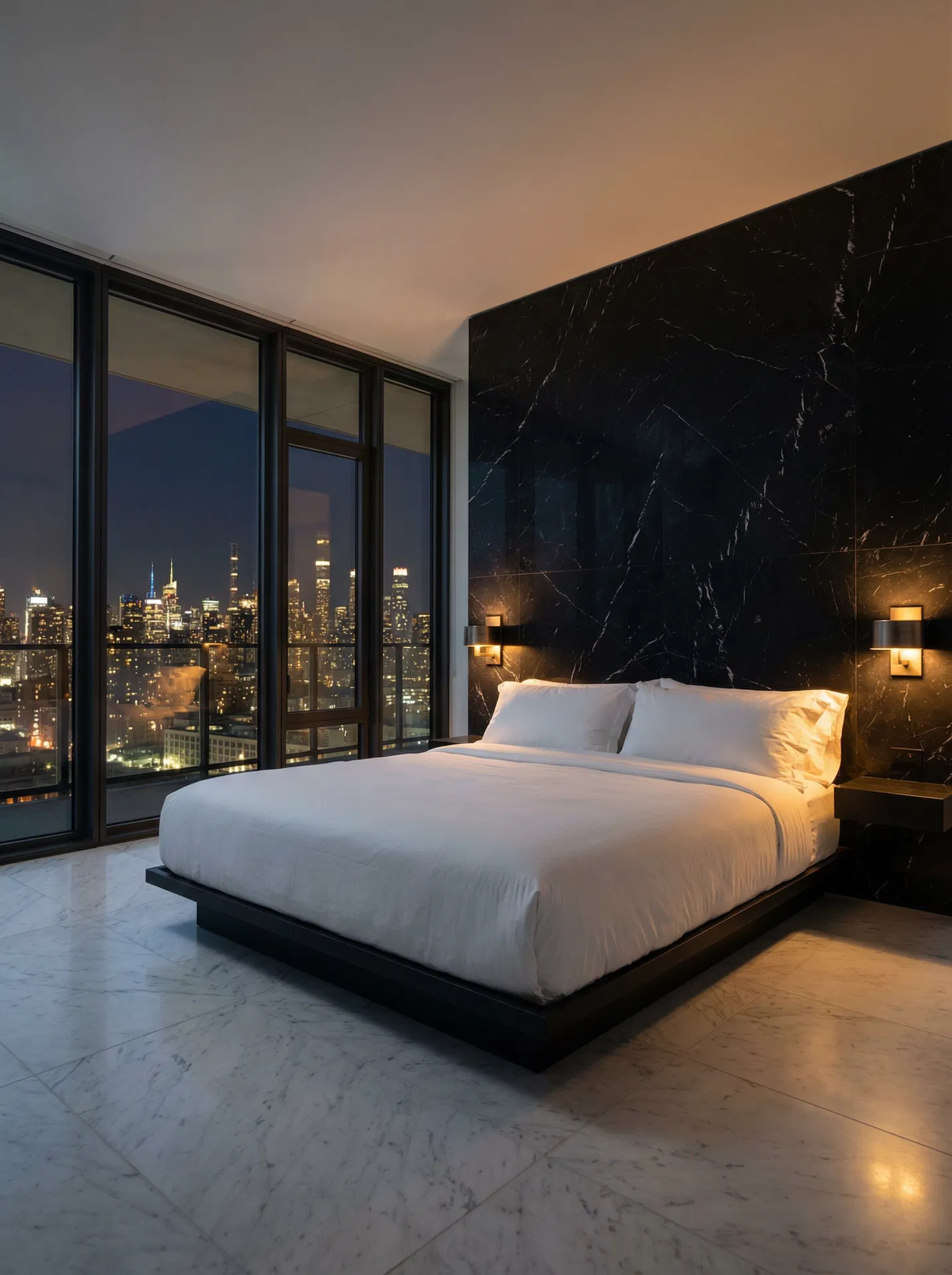 Rifugio Urbano bedroom — black marble and city lights