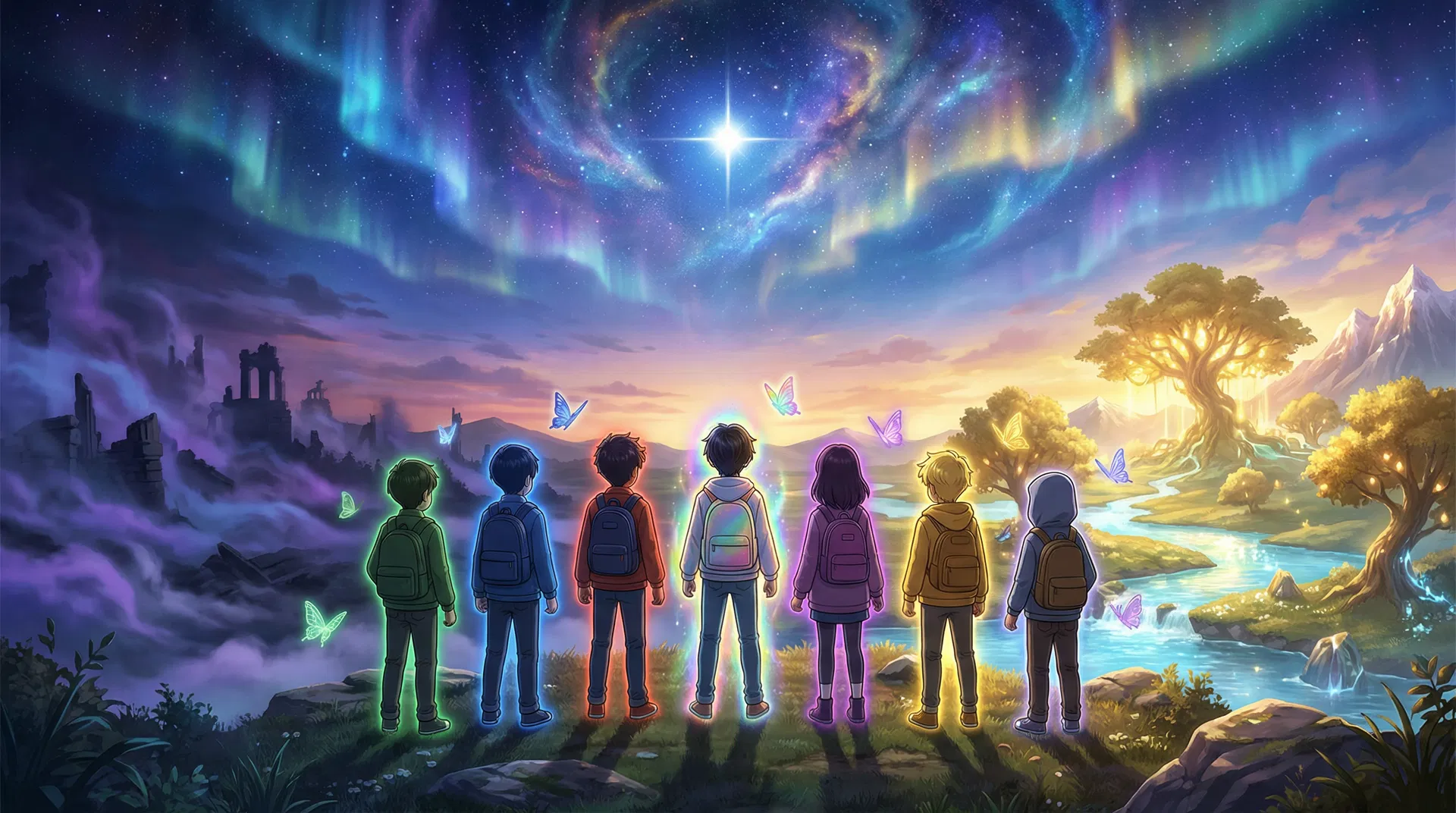 Children playing on Earth with cosmos