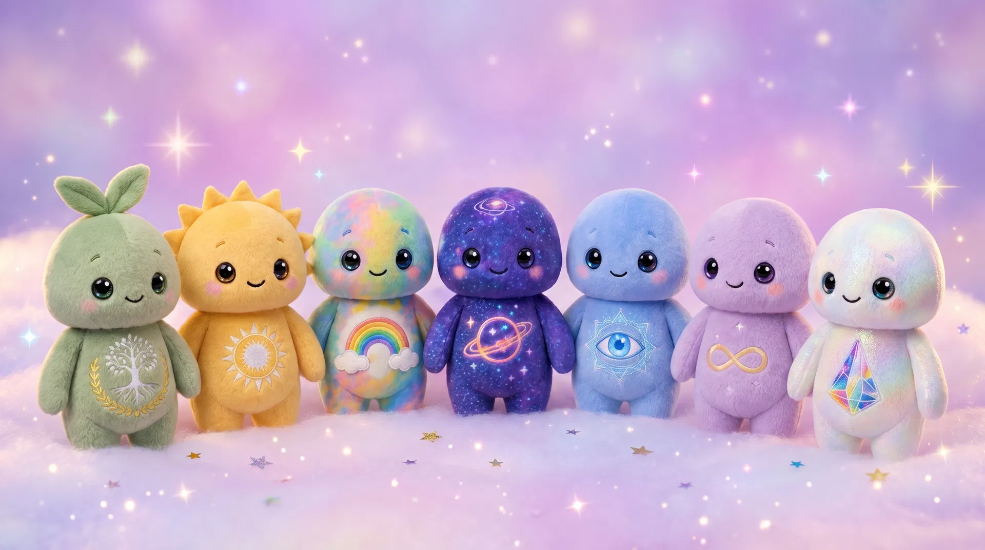 The seven Eluminaris plushies - Shama, Solara, Arco, Cosma, Sufi, Omni, and Asha - standing together on a dreamy pastel background
