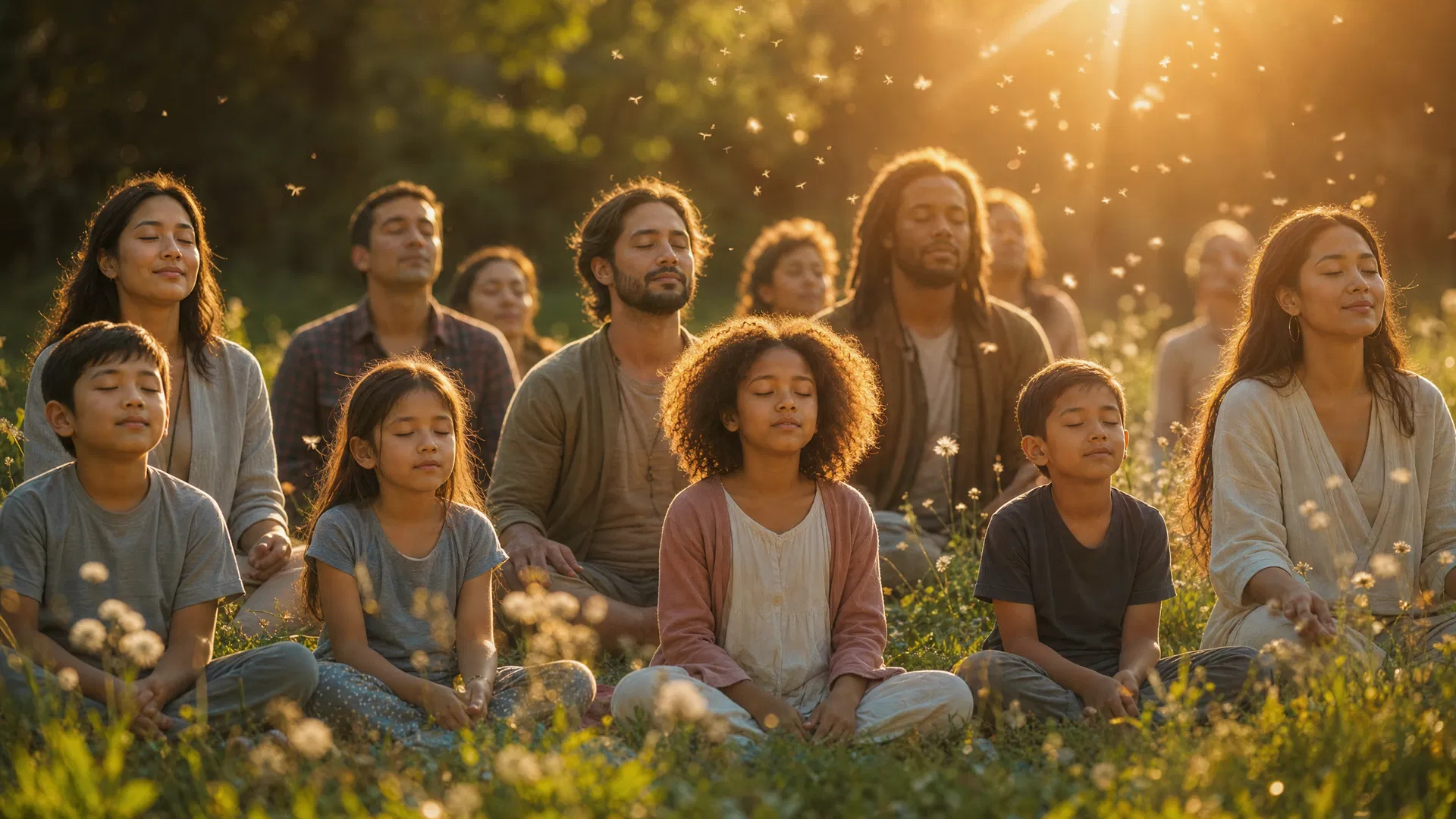 Families and children meditating together in golden light