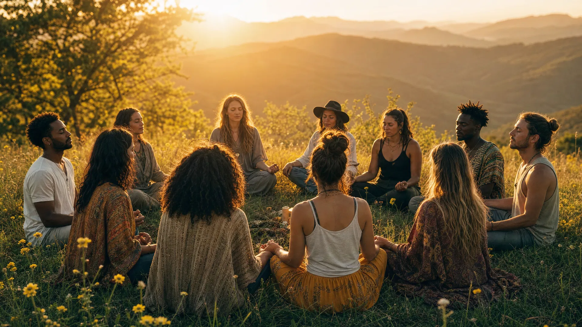 Community healing circle in golden light