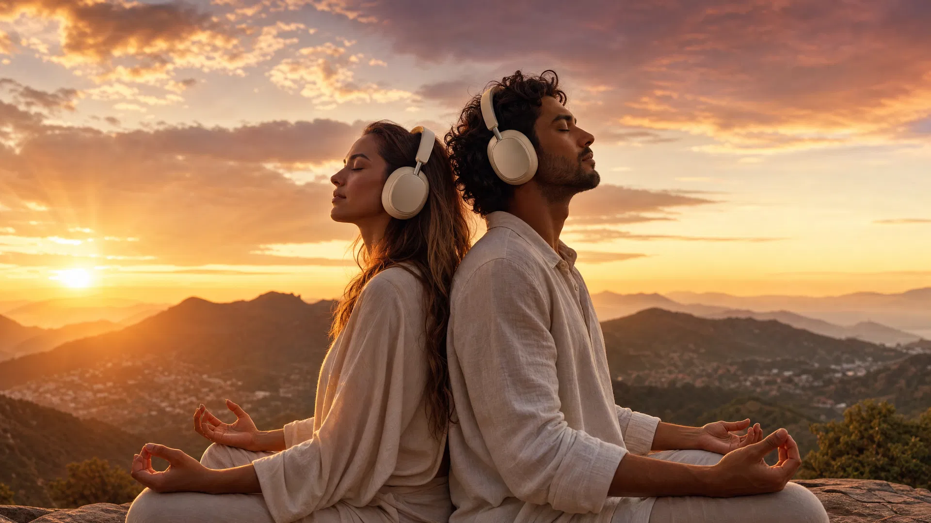 Couple meditating at sunset with headphones