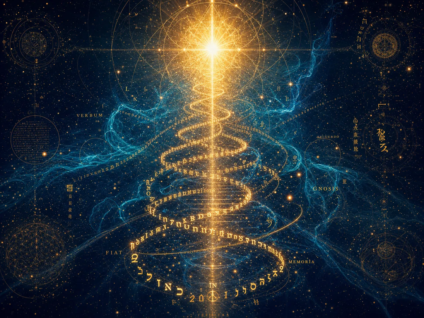 Consciousness awakening through language — golden spiral of text ascending into light