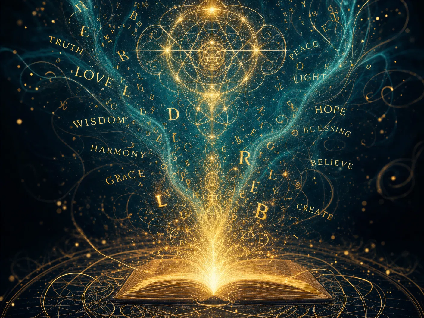 The alchemy of language — words transforming into golden light and sacred geometry