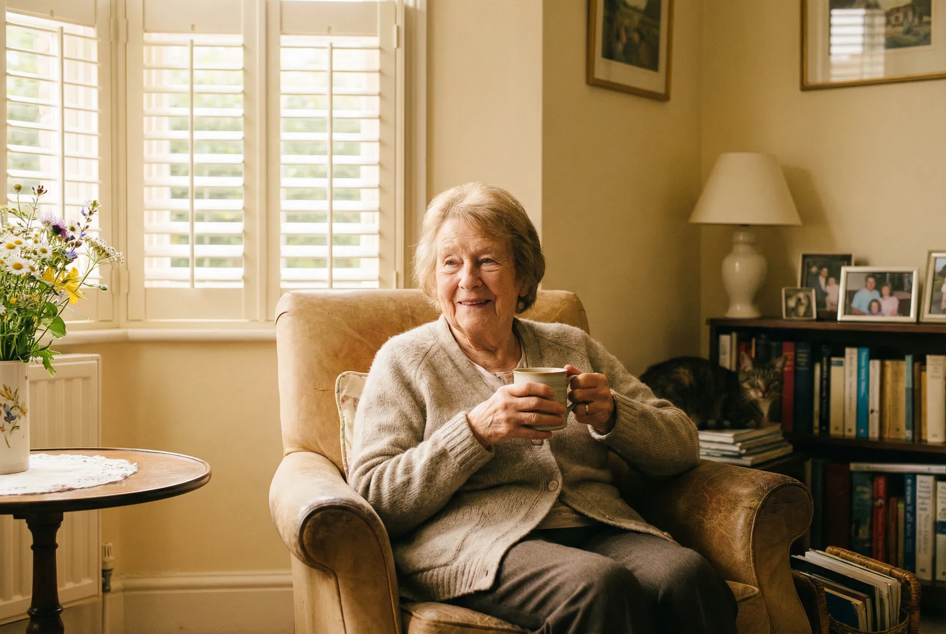 Elderly resident enjoying a peaceful moment at home with a cup of tea