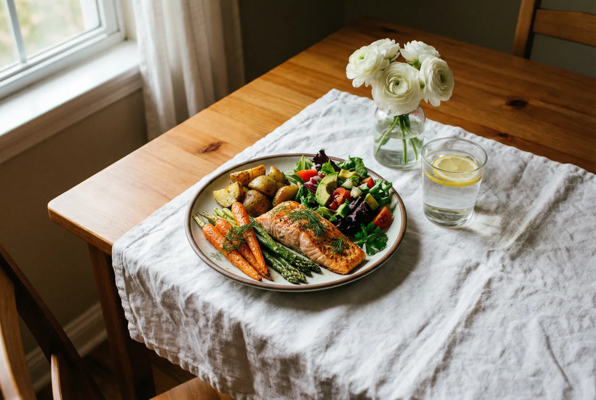 Fresh home-cooked meal with salmon, roasted vegetables, and salad
