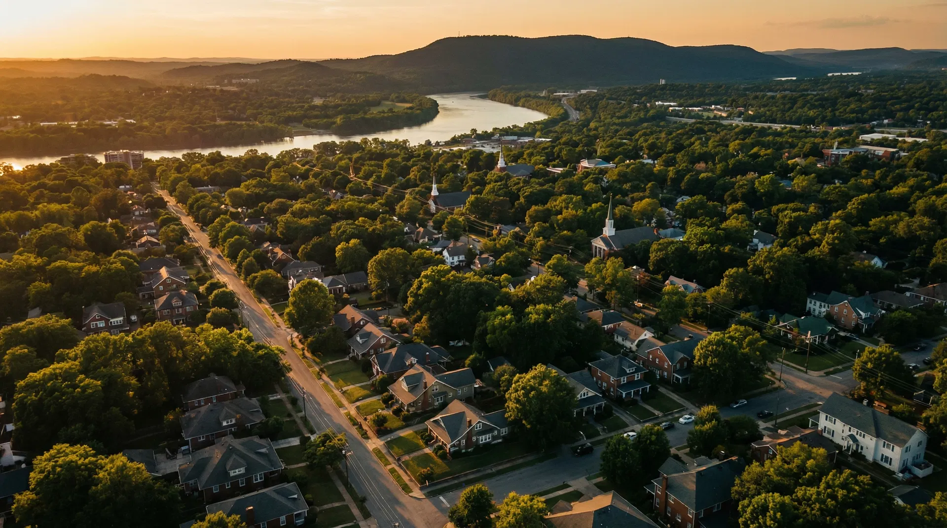 Aerial view of Chattanooga Tennessee neighborhoods at golden hour