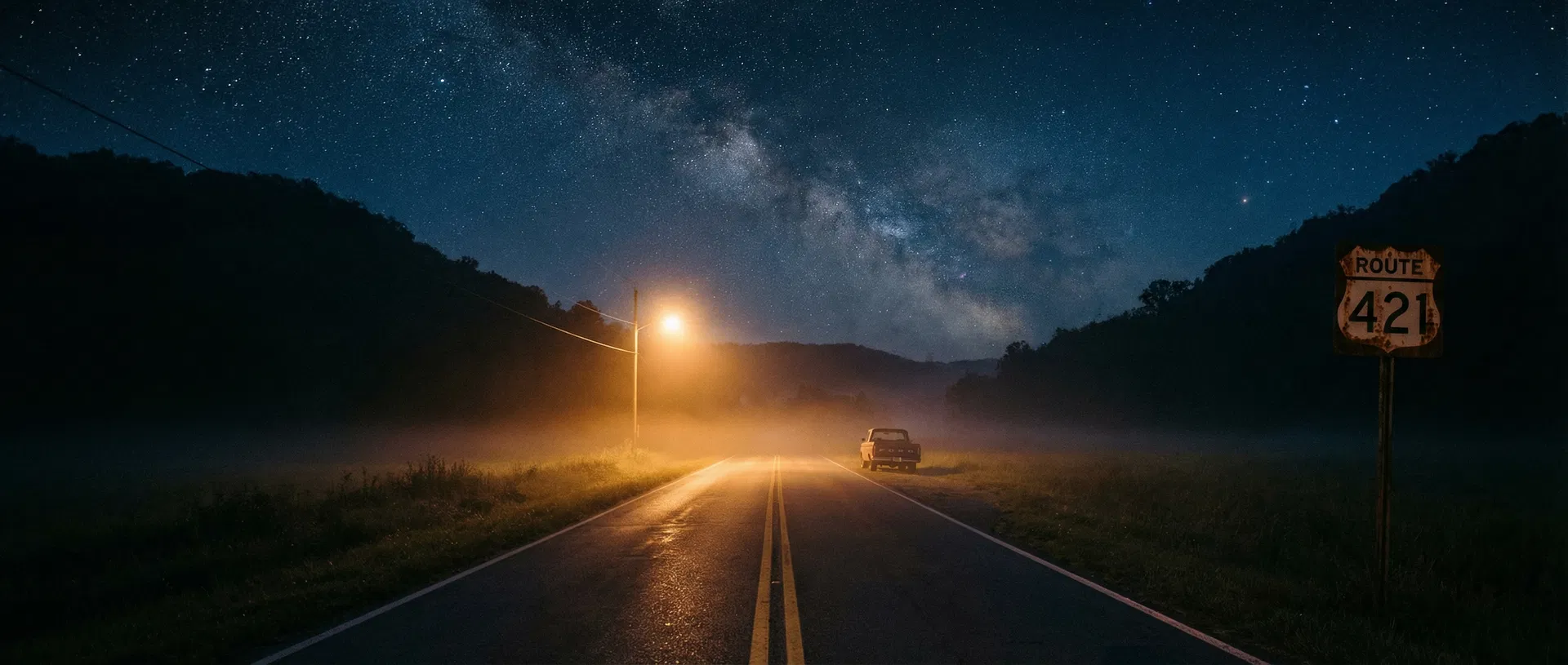Country road at night under the stars