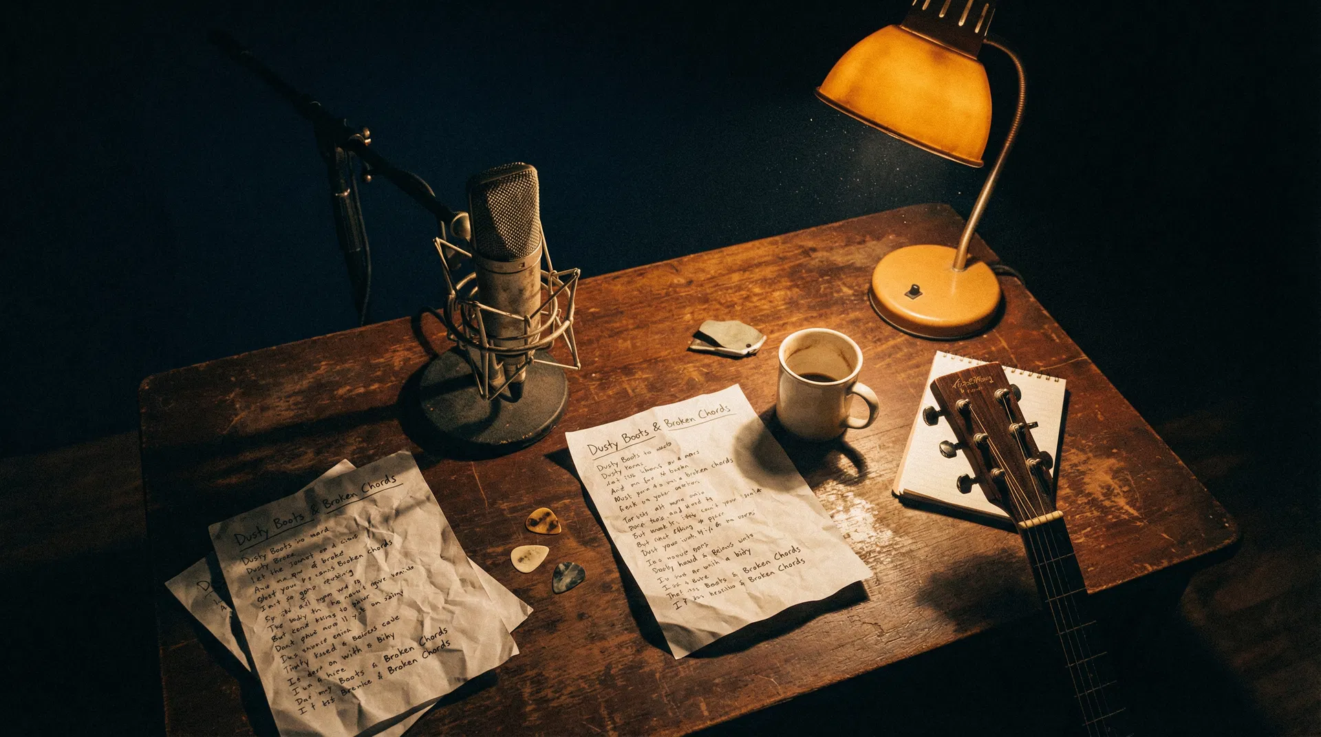 Songwriting desk with microphone and lyrics