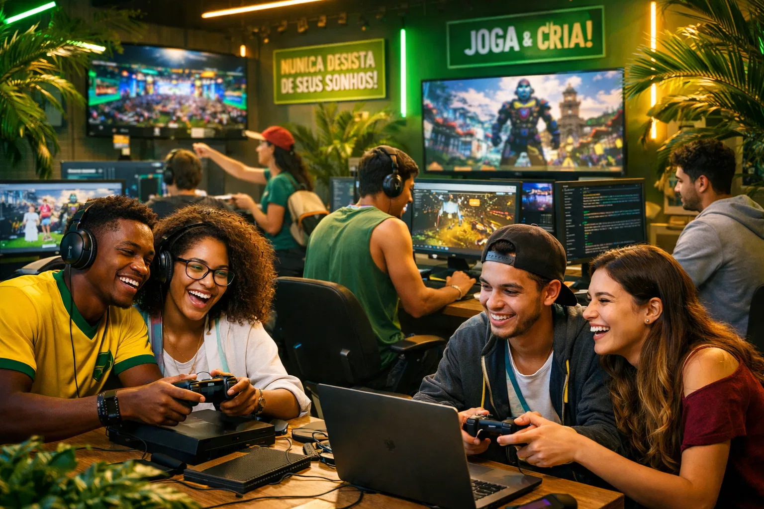 Jovens brasileiros jogando games
