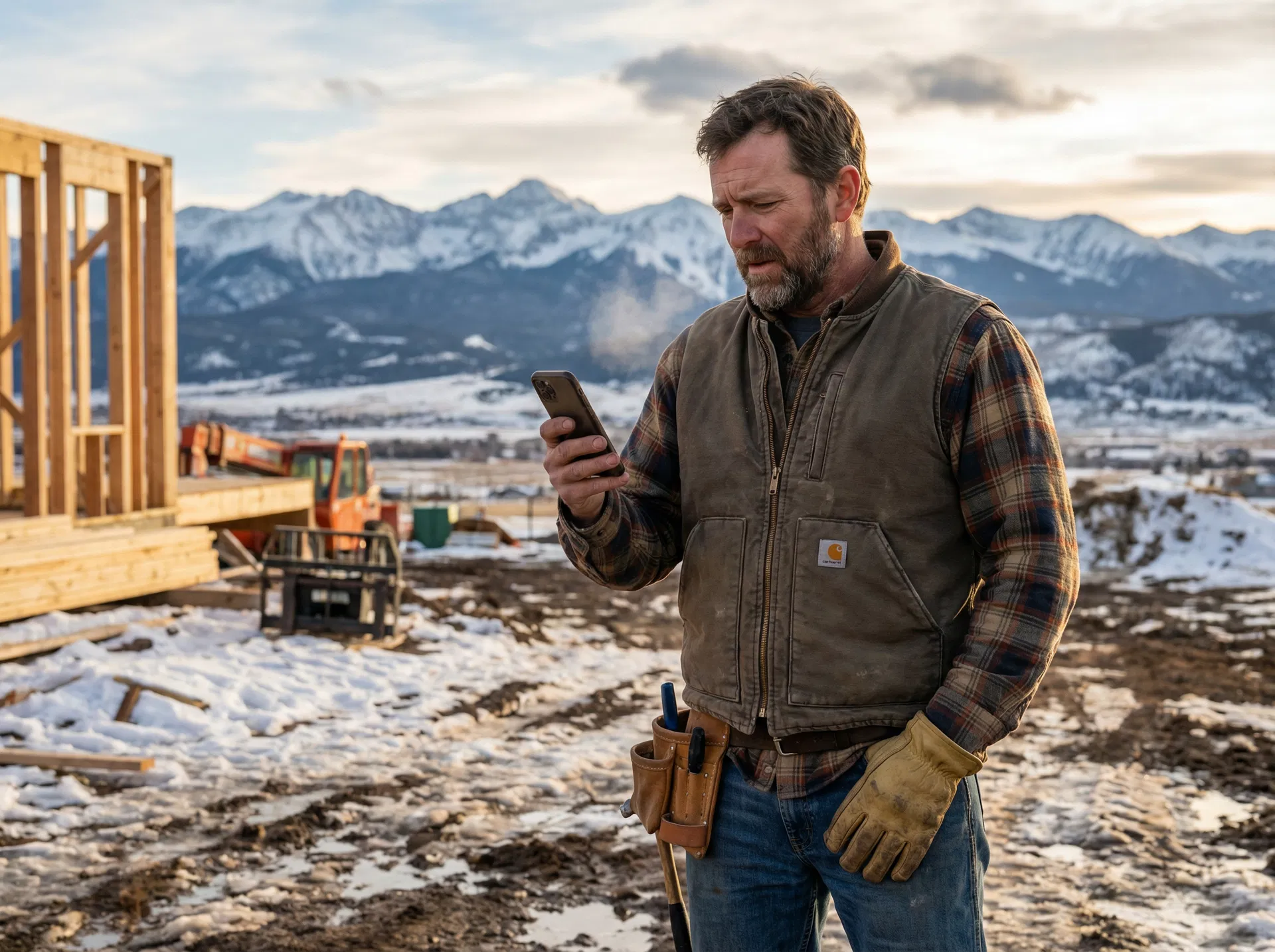 Colorado contractor on job site checking phone