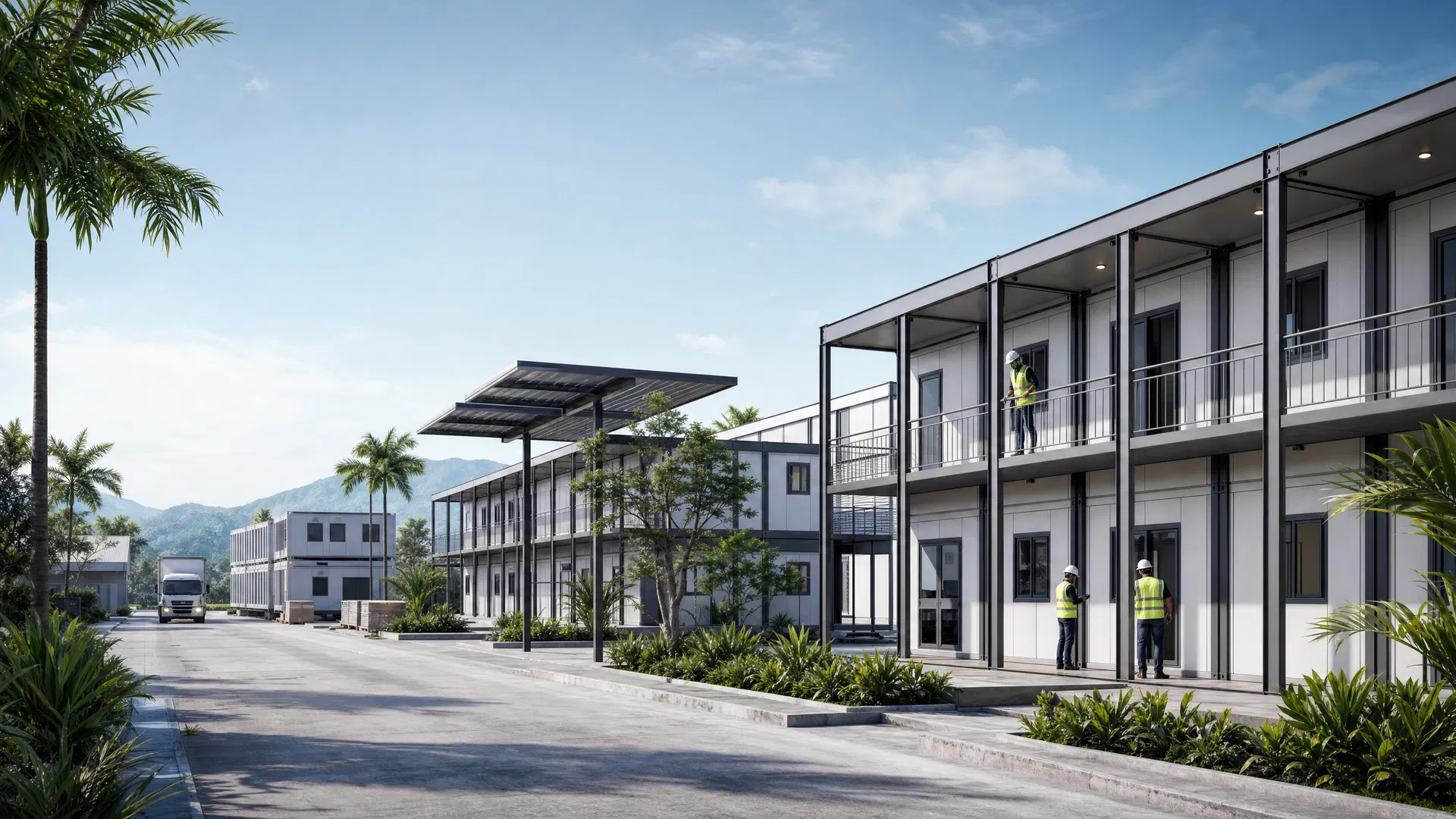 InnoPrefab modular housing deployment in an industrial-modern tropical setting