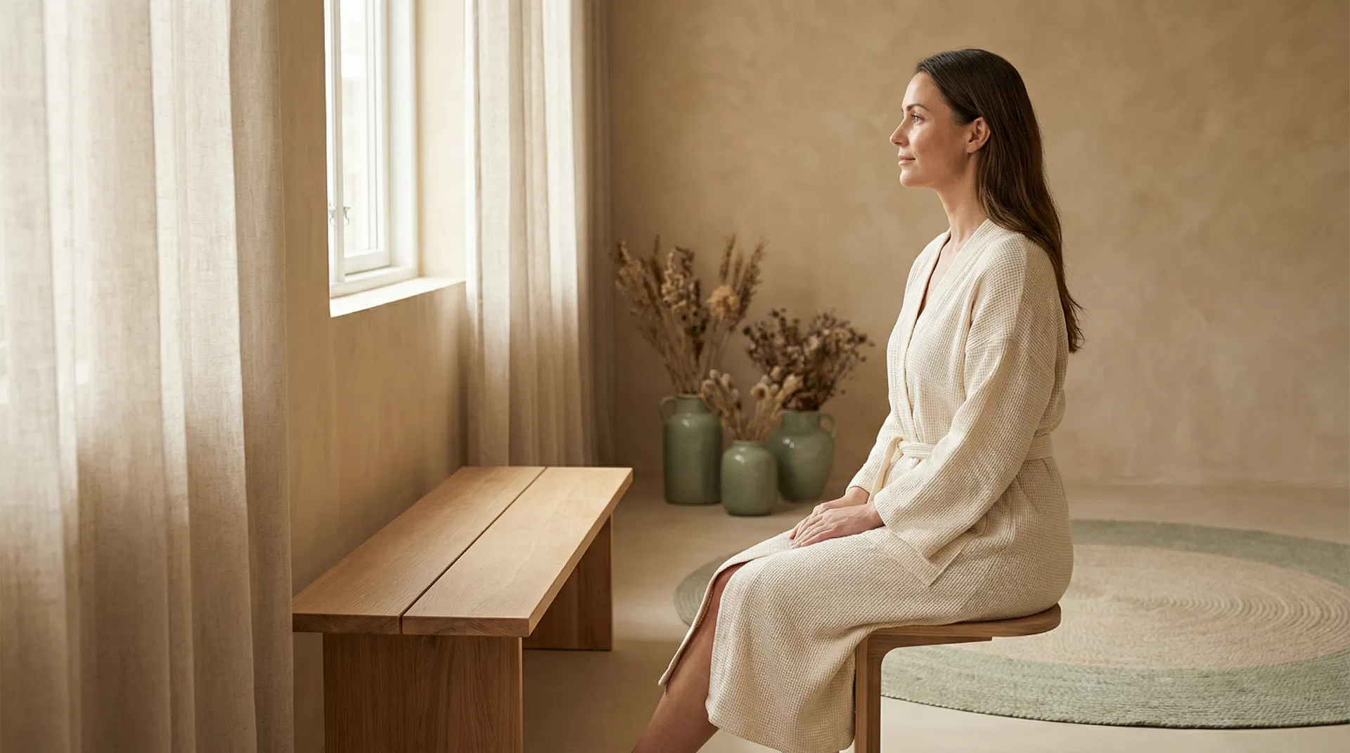 Rolig nordisk klinikkambiente – kvinne i hvit badekåpe ved vindu, illustrerer Belkyra behandling mot dobbelthake