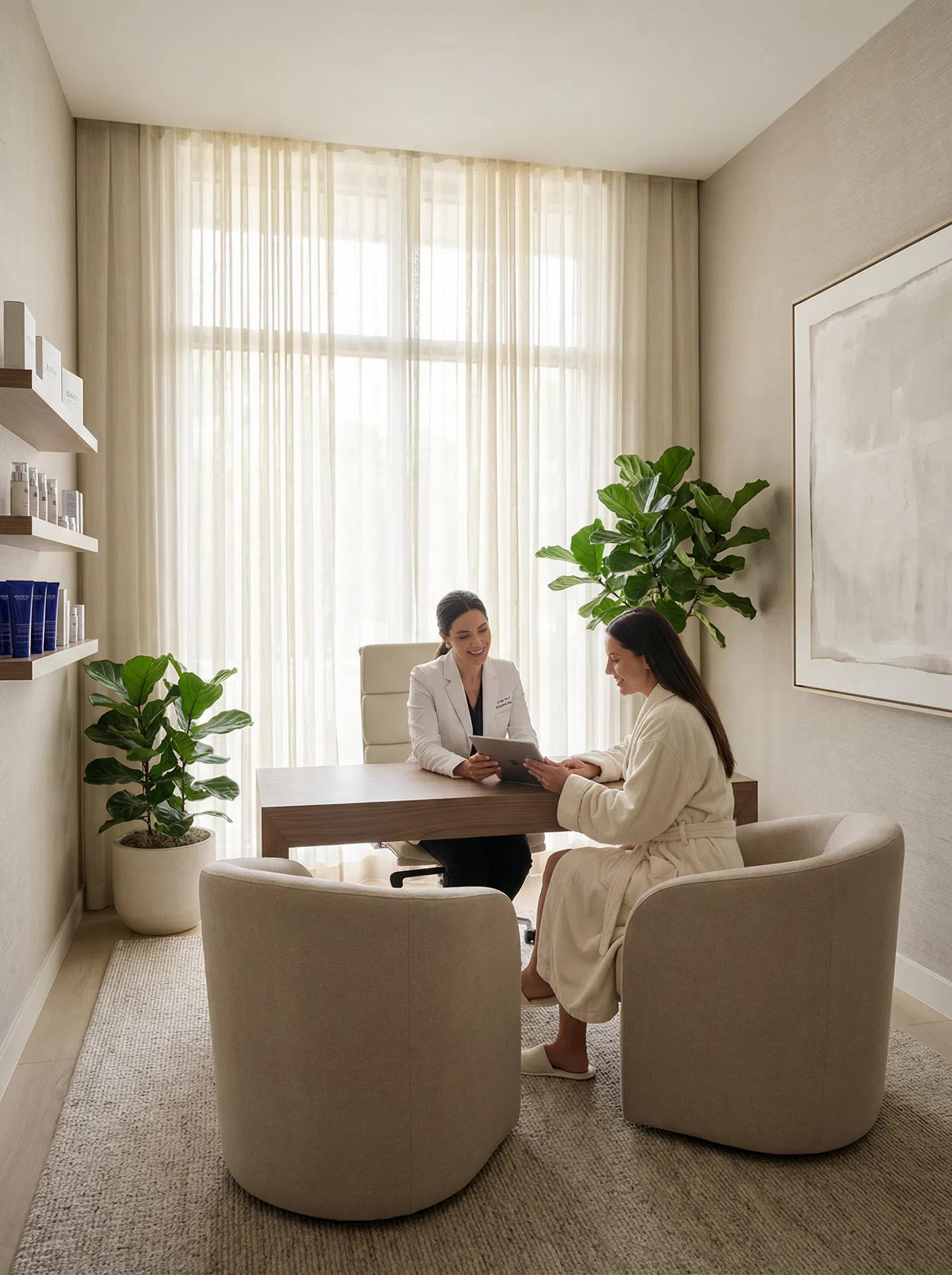 Lege konsulterer pasient om CoolMini fettreduksjon under haken