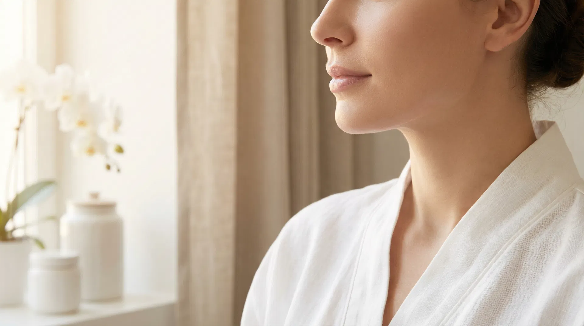 Kvinne med veldefinert hakekontur etter CoolMini fettreduksjon