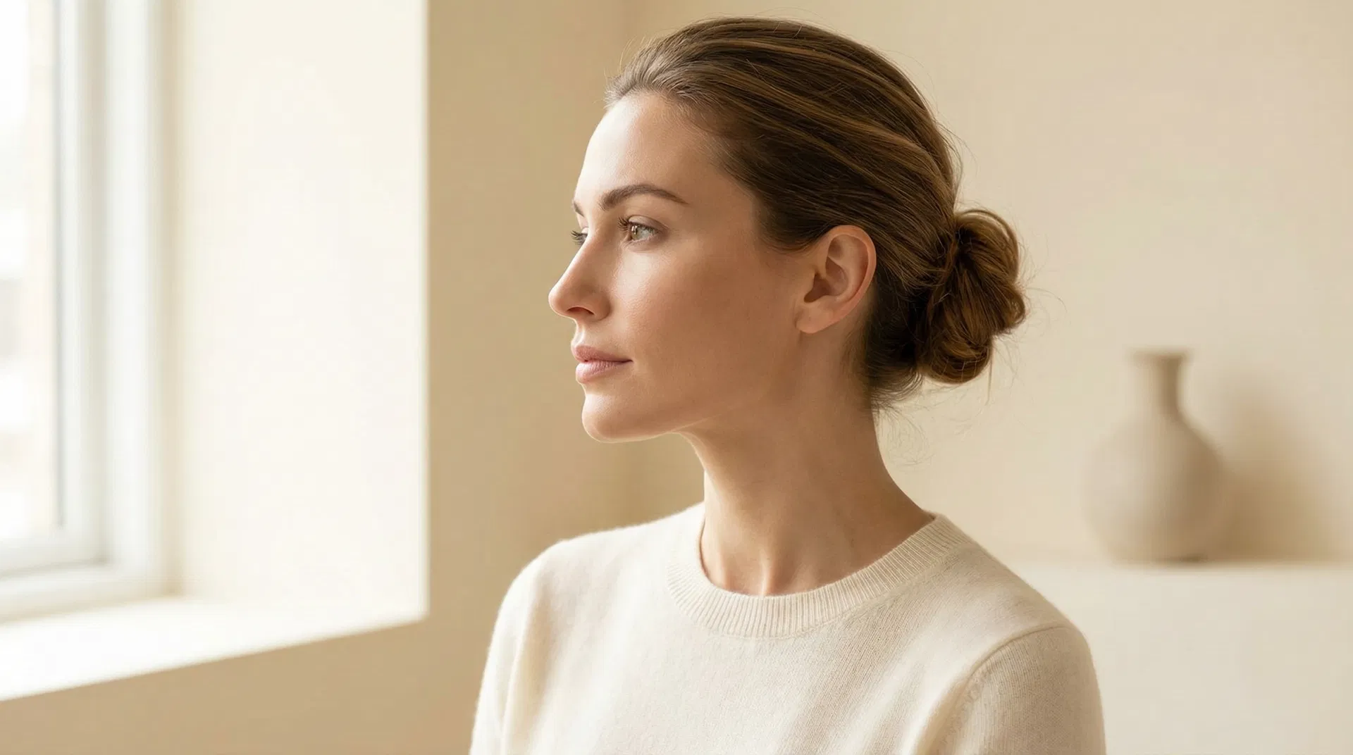 Elegant ansiktsprofil av kvinne som vurderer hakeprotese av silikon