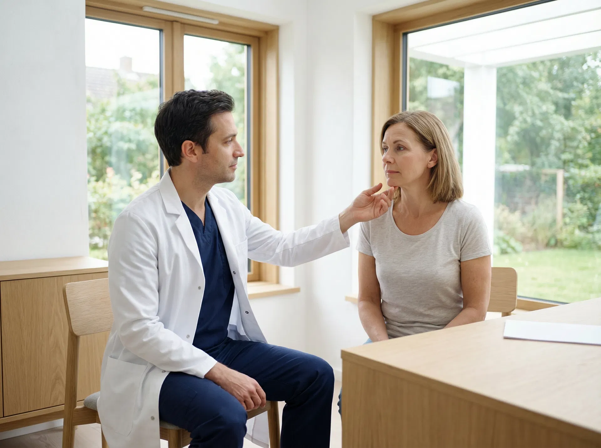 Plastisk kirurg i konsultasjon med pasient om hakeimplantat og ansiktsproporsjon