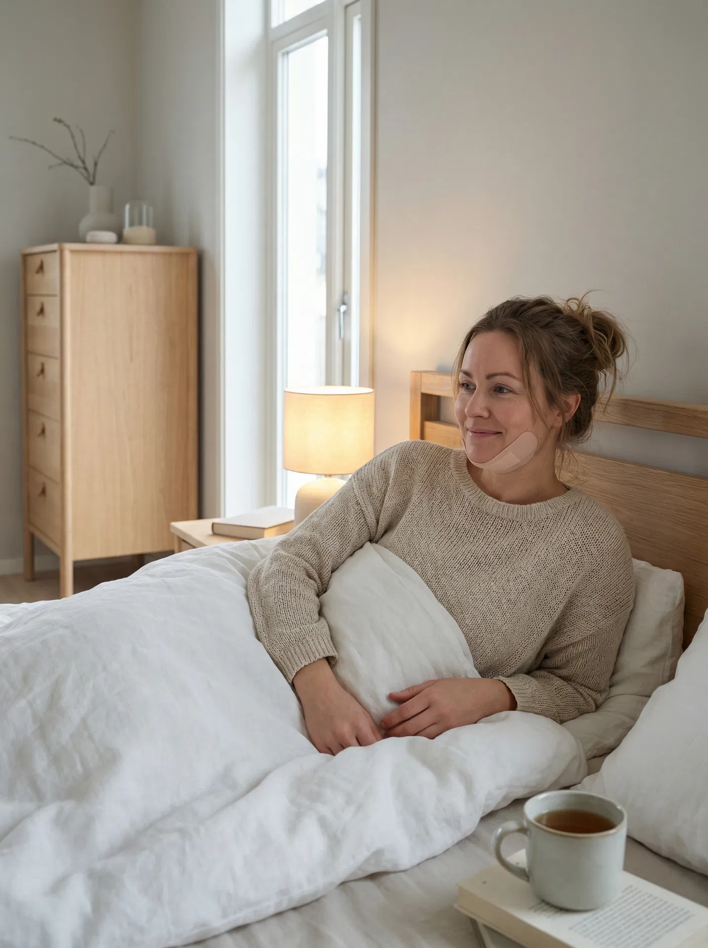 Pasient i restitusjon etter hakeprotese-operasjon – rolig og komfortabel etter plastisk kirurgi