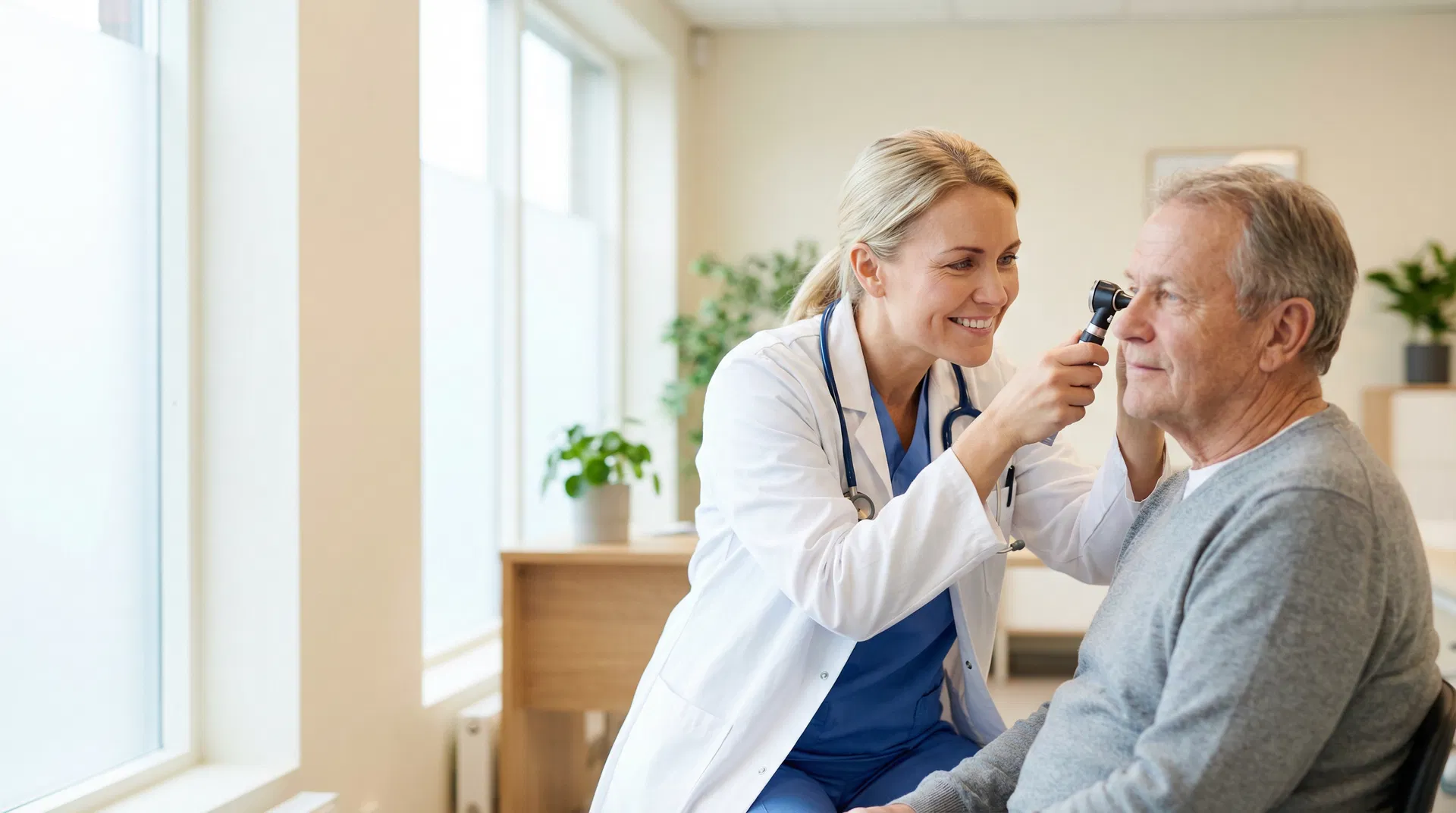 Lege undersøker pasientens øre