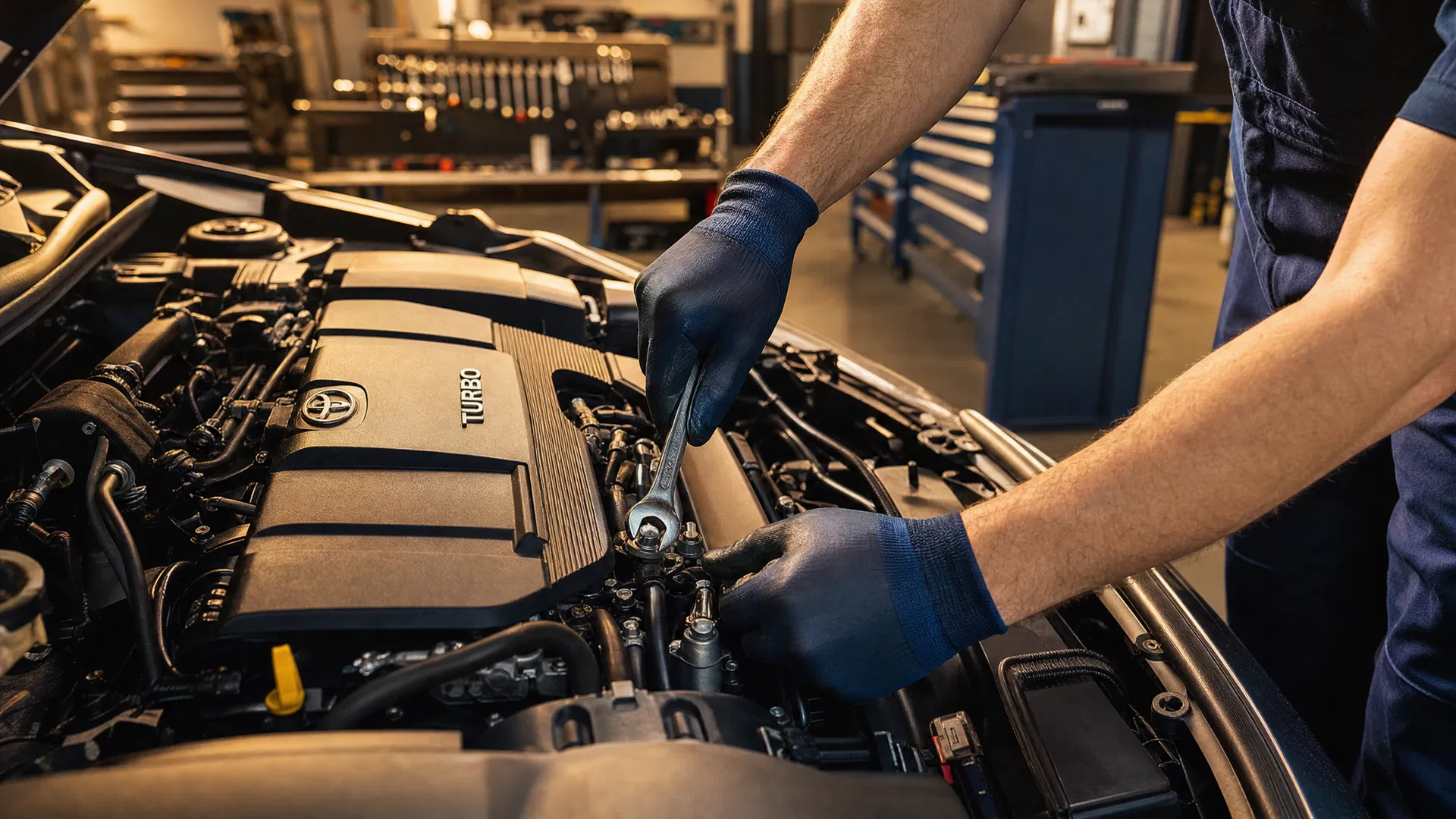 Professional mechanic working on car engine