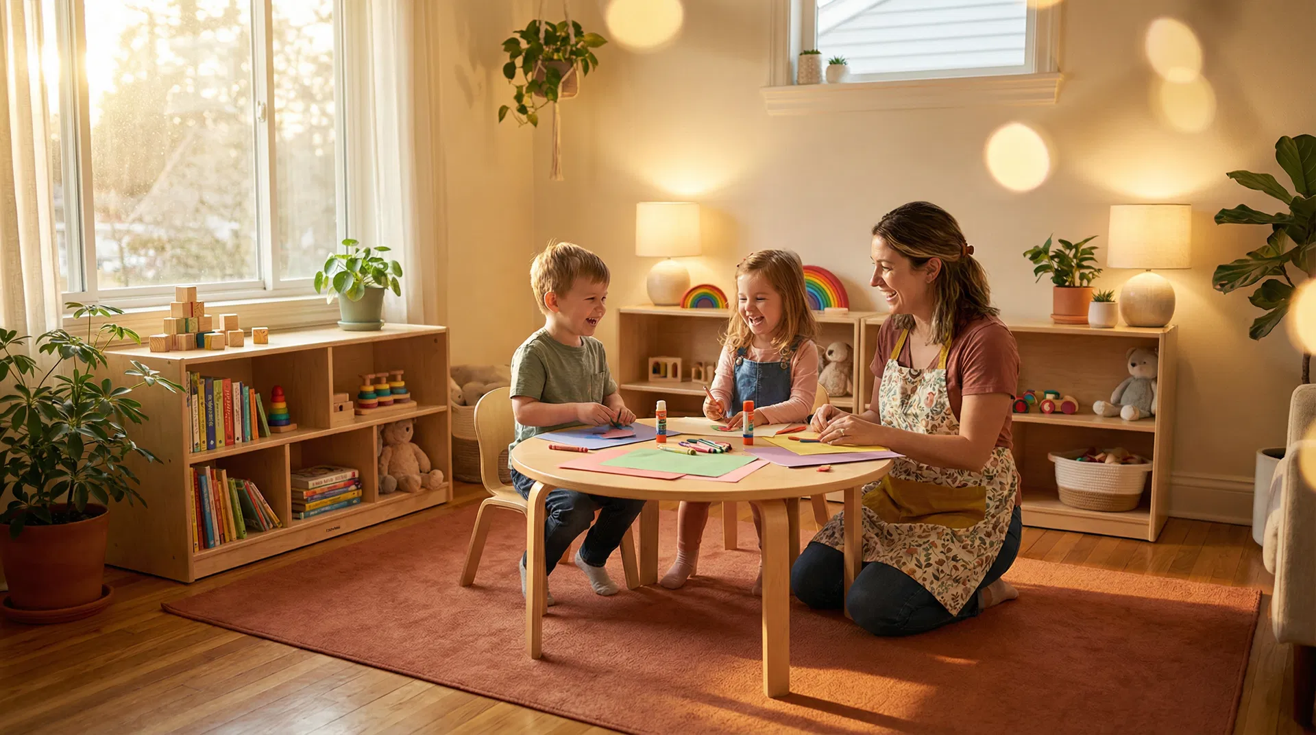 Warm home daycare with children and caregiver