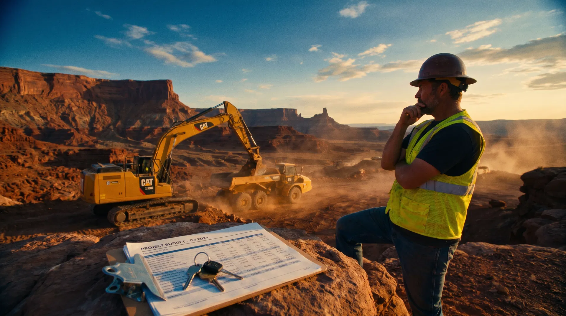 Contractor on Utah construction site comparing renting vs buying heavy equipment