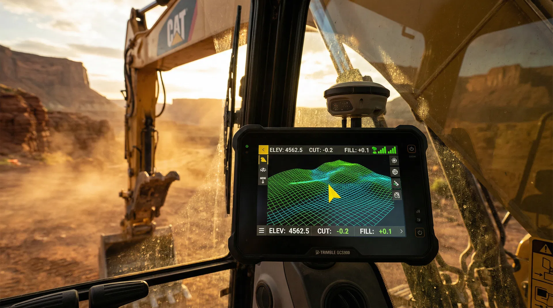 Trimble GCS900 GPS machine control in-cab display showing 3D terrain model