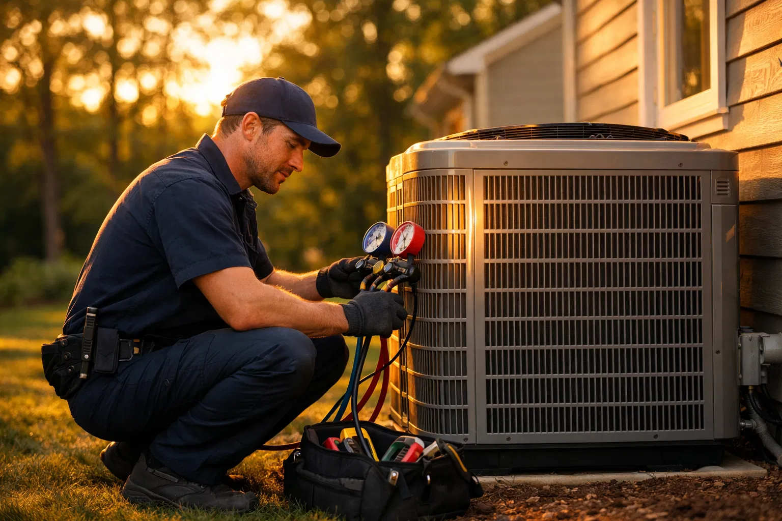 HVAC technician servicing outdoor AC unit at golden hour