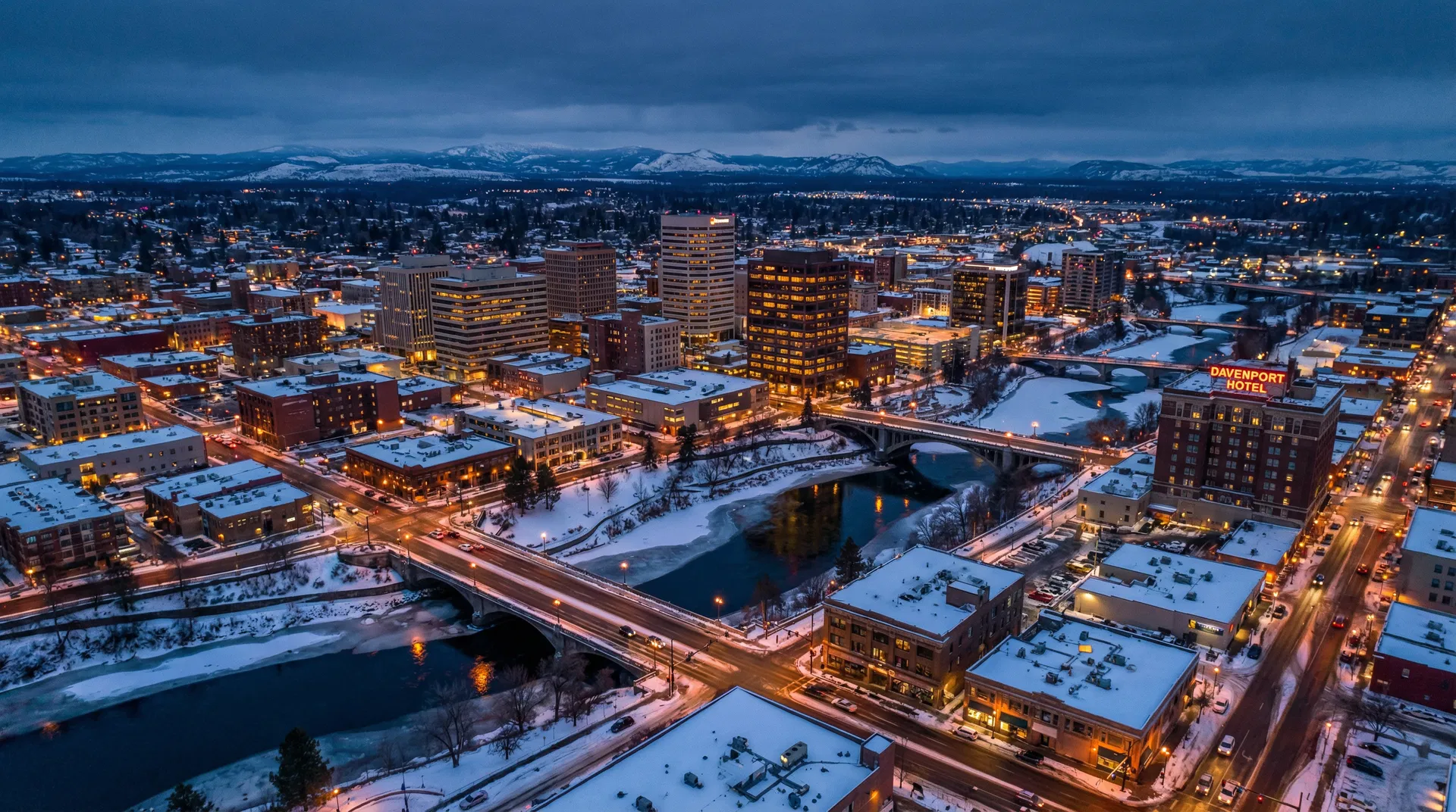 Spokane Washington winter cityscape