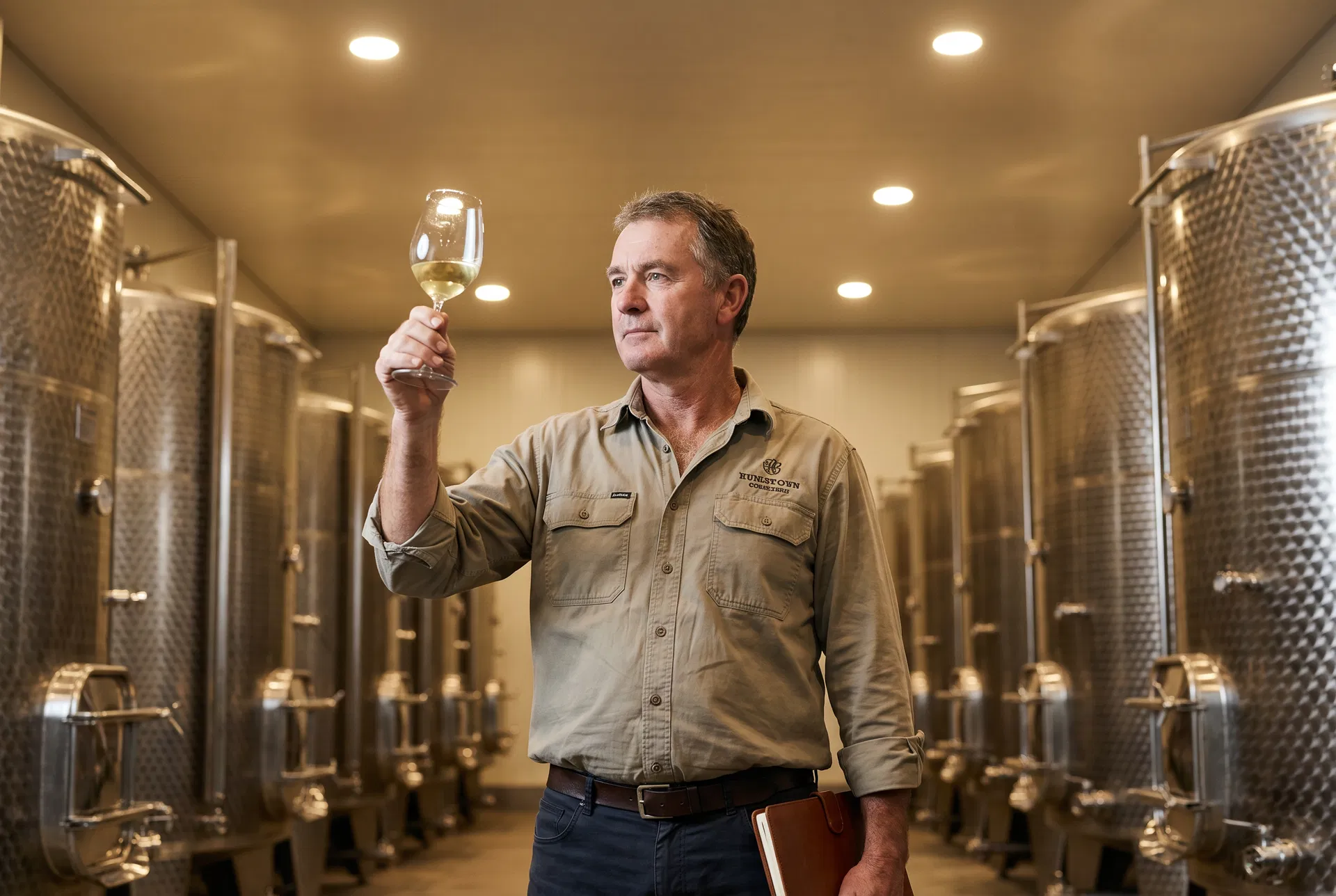 Professional winemaker examining white wine in cellar — sourcing wine grapes Northern California
