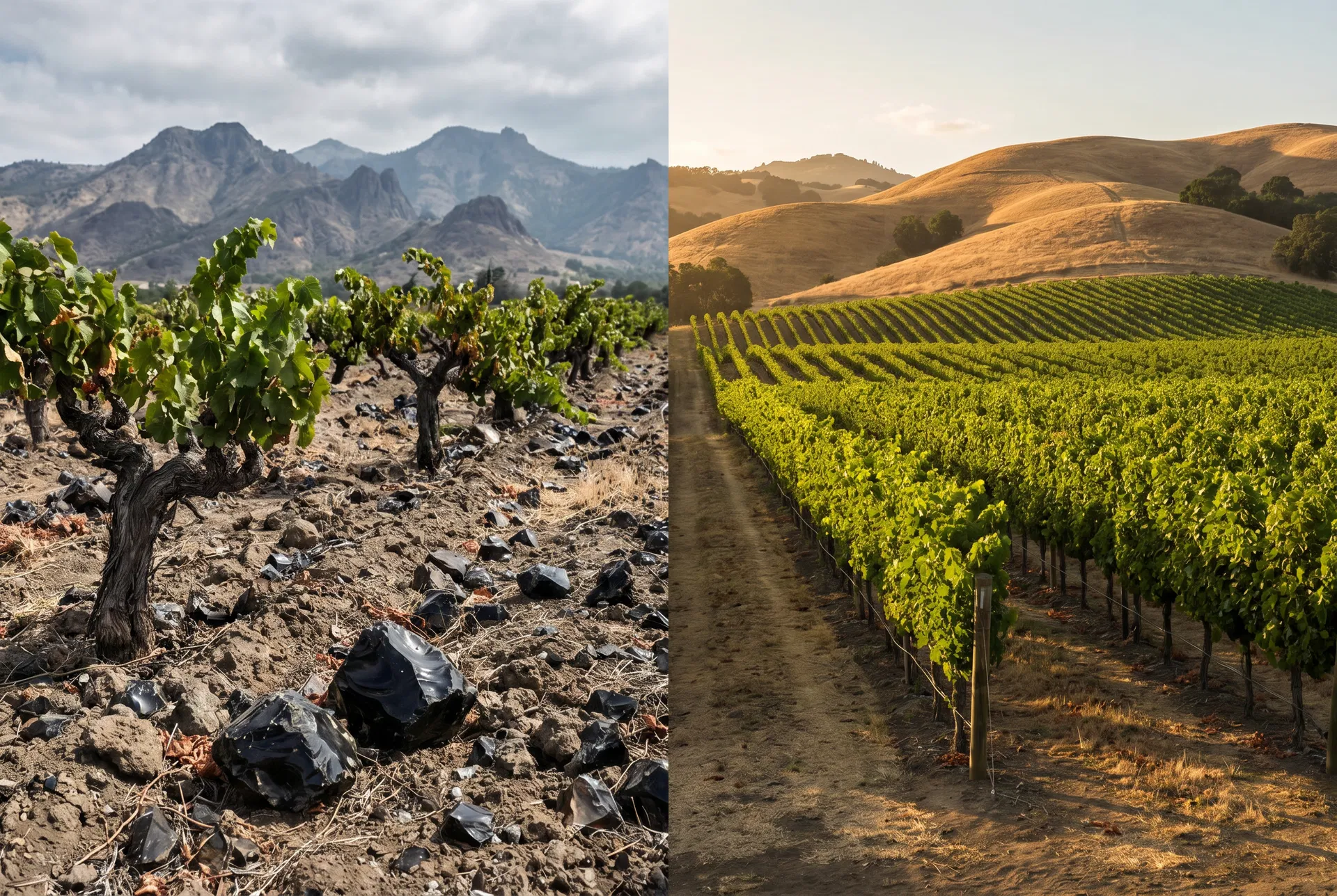 Lake County volcanic vineyard vs Napa Valley manicured vineyard side-by-side terroir comparison