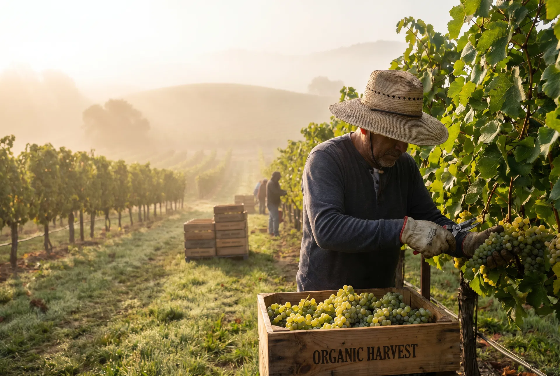 Vineyard worker hand-harvesting Sauvignon Blanc grapes at dawn sustainable organic farming Northern California