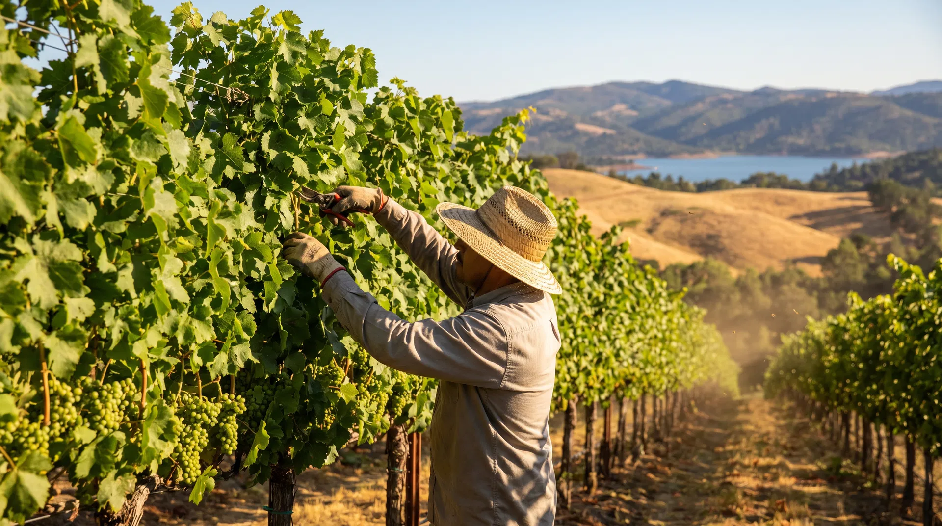 Vineyard worker performing canopy management on Sauvignon Blanc vines — high elevation Big Valley AVA Lake County California wine grapes summer