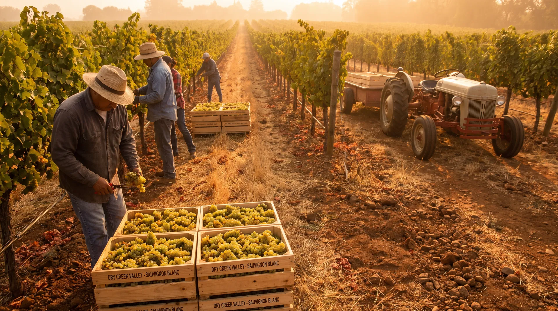 Hand-harvesting Sauvignon Blanc wine grapes into wooden bins at Northern California vineyard — Big Valley AVA Lake County morning harvest golden light