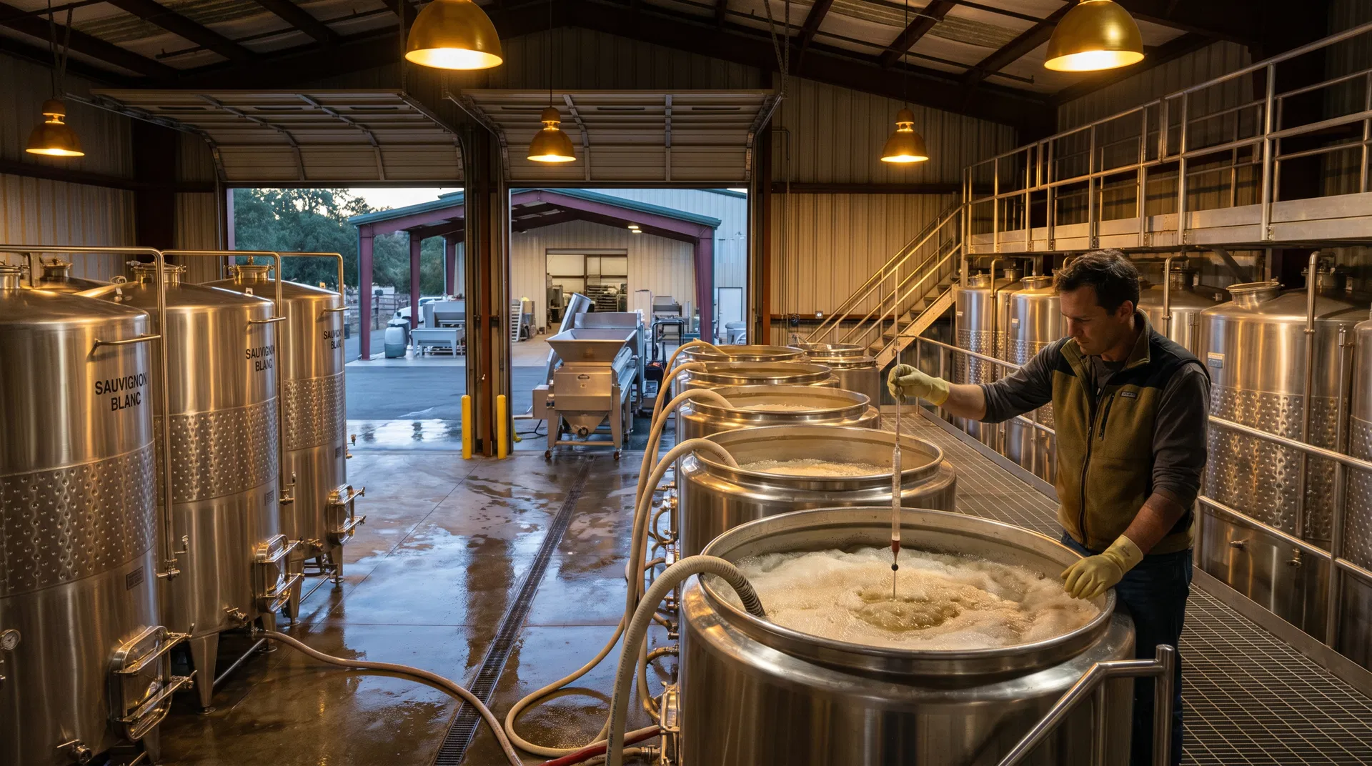 Winemaker monitoring Sauvignon Blanc fermentation in stainless steel tanks at Northern California winery — crush pad fermentation Big Valley AVA fruit