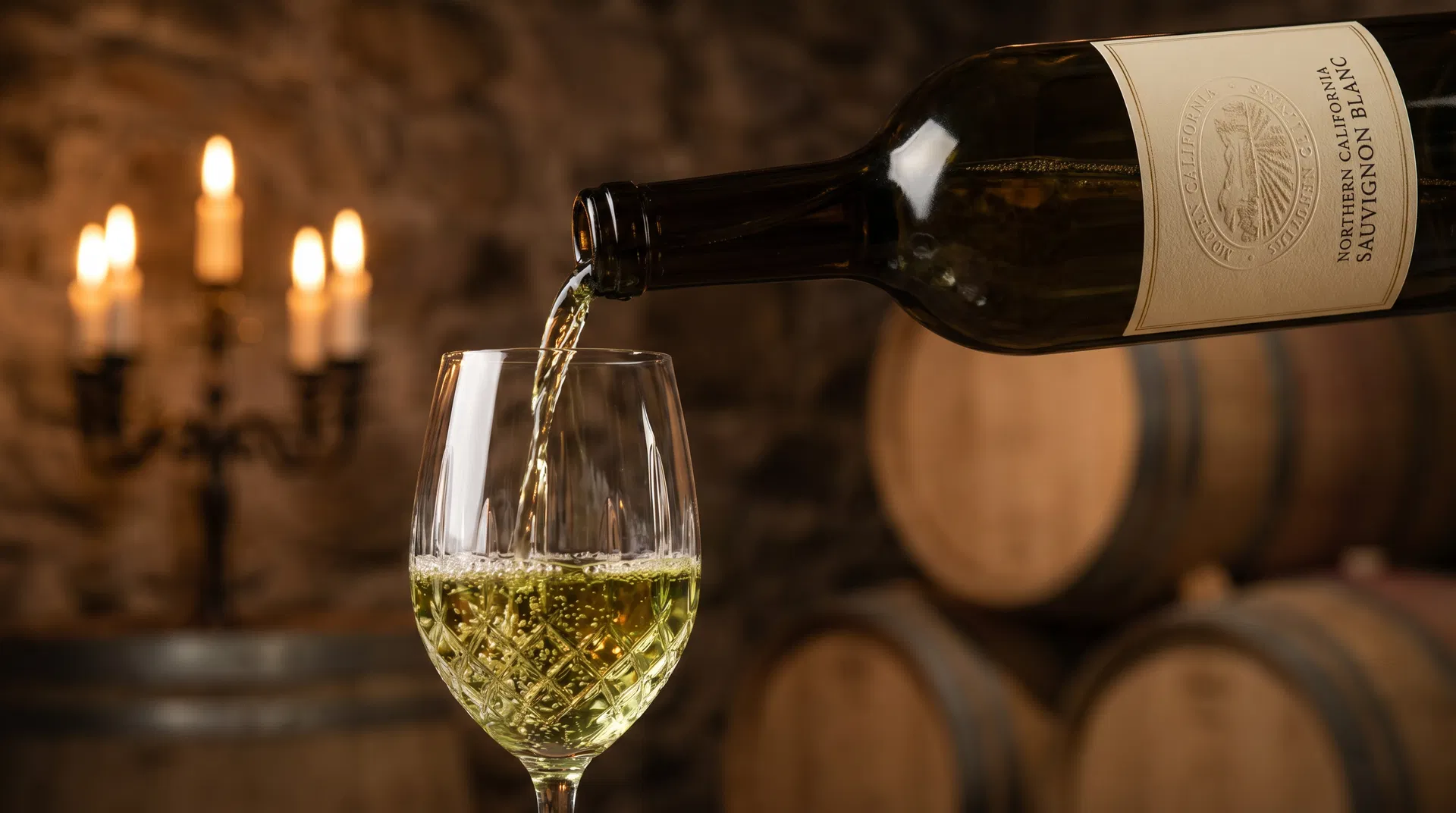 Northern California Sauvignon Blanc wine poured into crystal glass in cellar — finished wine from Big Valley AVA Lake County Quercus Ranch wine grapes